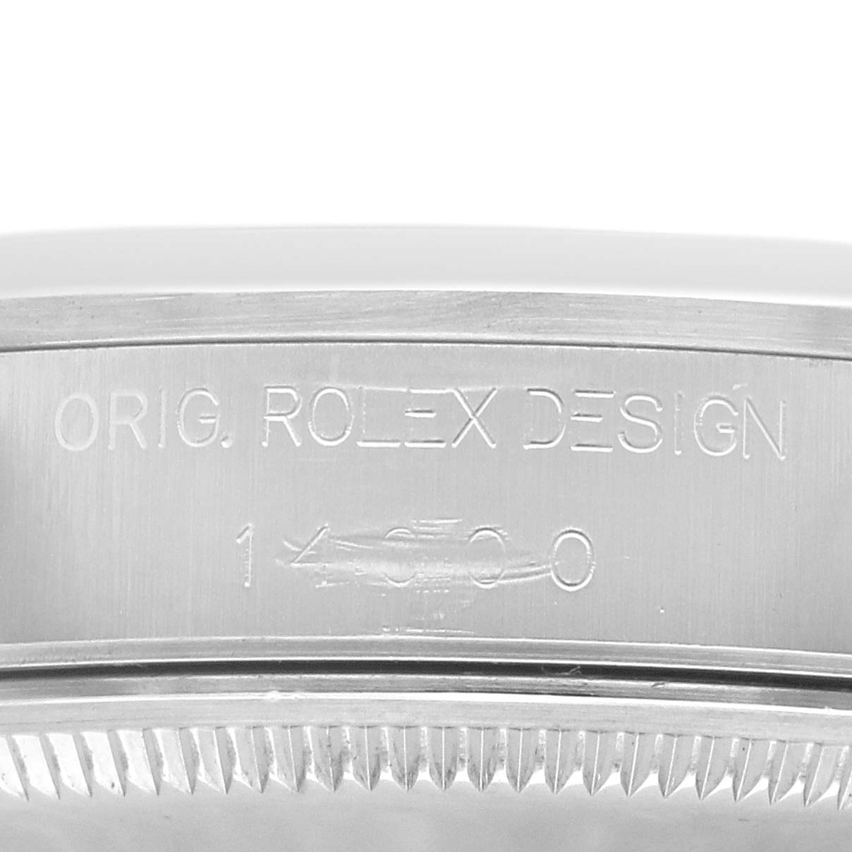 The image shows the side engraving on the case of a Rolex Air-King 14000 Men's Stainless Steel Silver Dial, highlighting "ORIG. ROLEX DESIGN" and a model number.