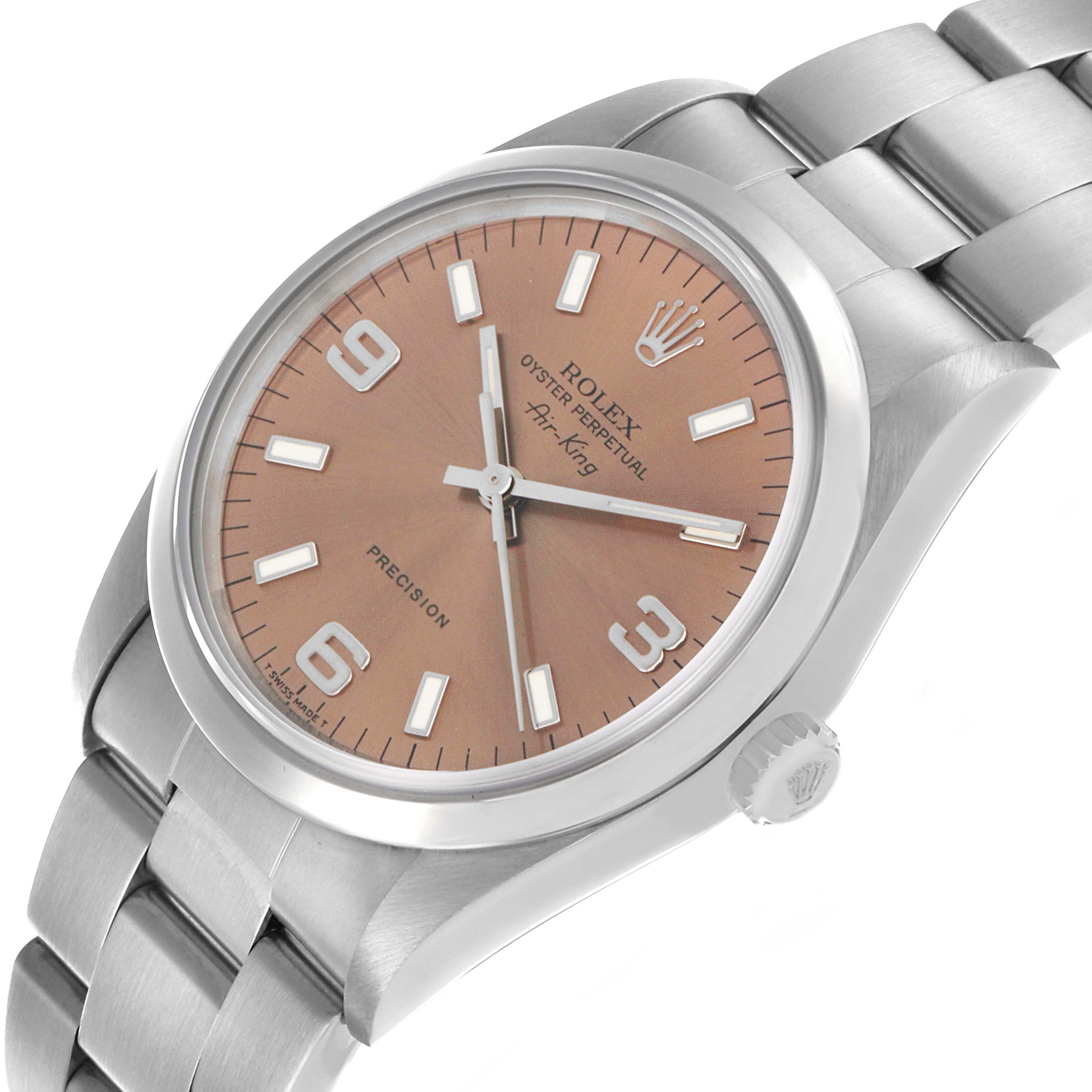 The Rolex Air-King 14000 Men's Stainless Steel Pink Dial watch is shown at an angled view, highlighting the face, bezel, and a portion of the bracelet.