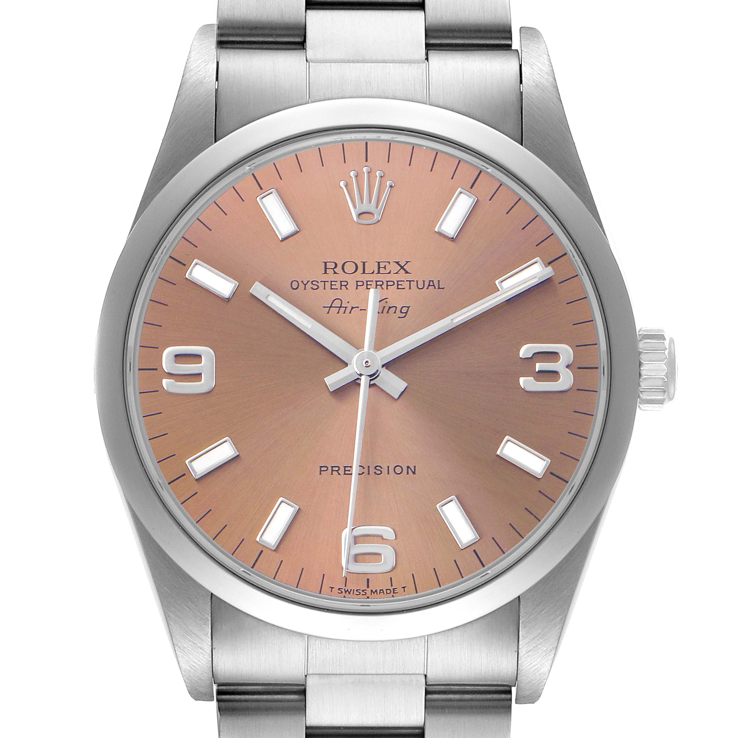 The Rolex Air-King 14000 Men's Stainless Steel Pink Dial watch is shown from a front angle, displaying the dial, hands, crown, and top part of the bracelet.