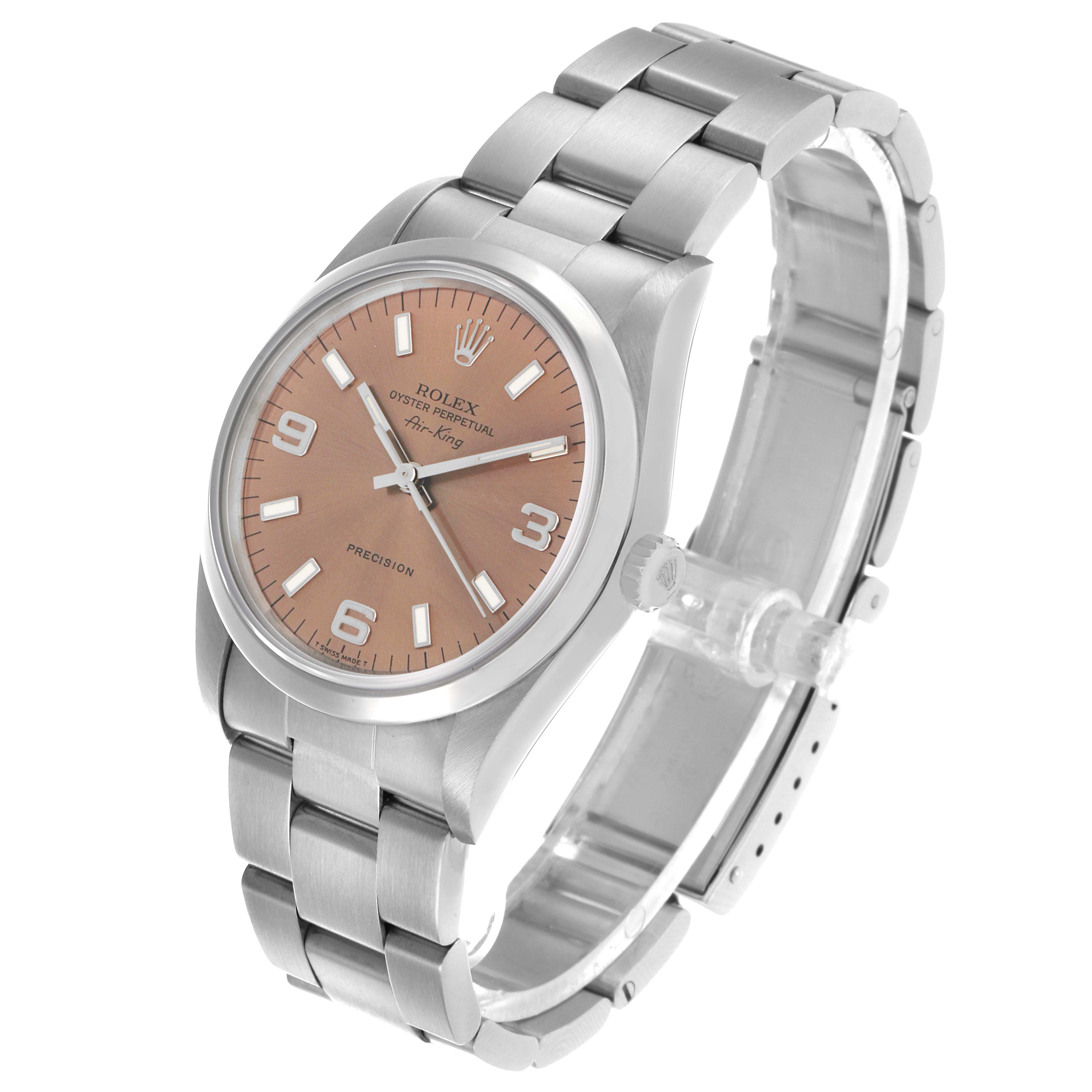 The Rolex Air-King 14000 Men's Stainless Steel Pink Dial watch is shown at a slight angle, displaying the face, bezel, case, and bracelet clearly.