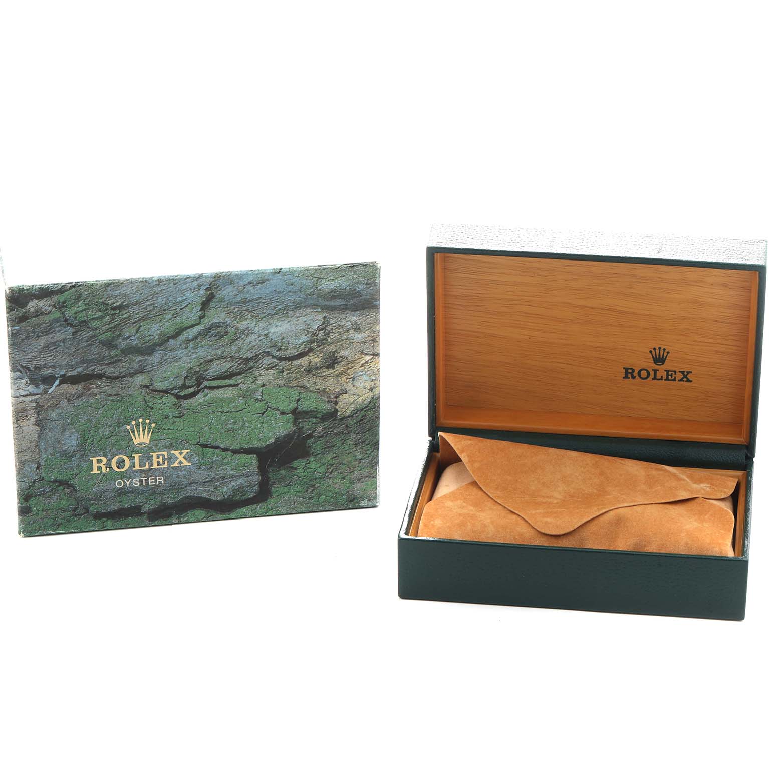 The image shows the packaging and presentation box for a Rolex Air-King 14000 Men's Stainless Steel Pink Dial, with the lid open, revealing a suede cover inside.