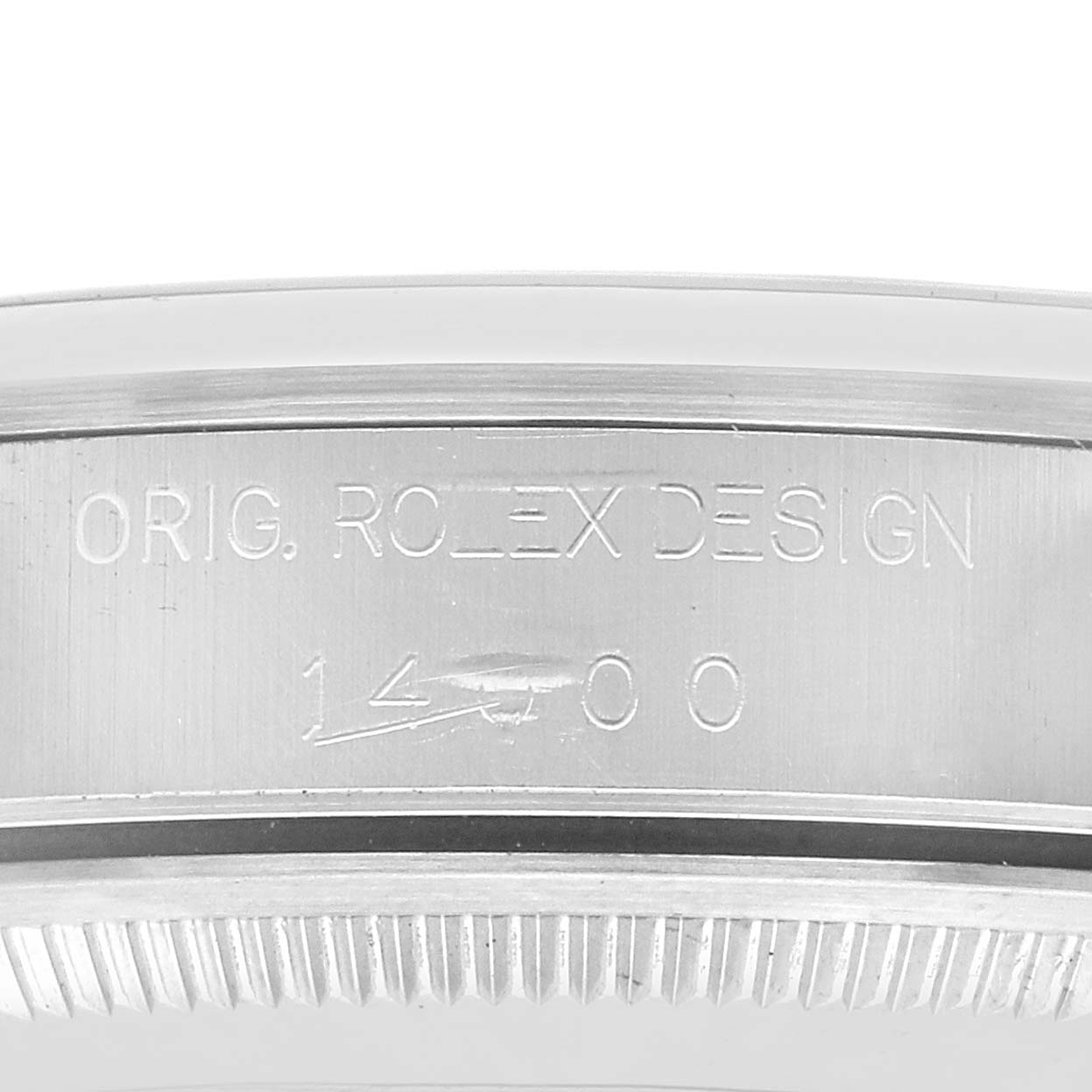 The image shows the engraved side of the case for a Rolex Air-King 14000 Men's Stainless Steel Pink Dial, detailing the model number "14000."