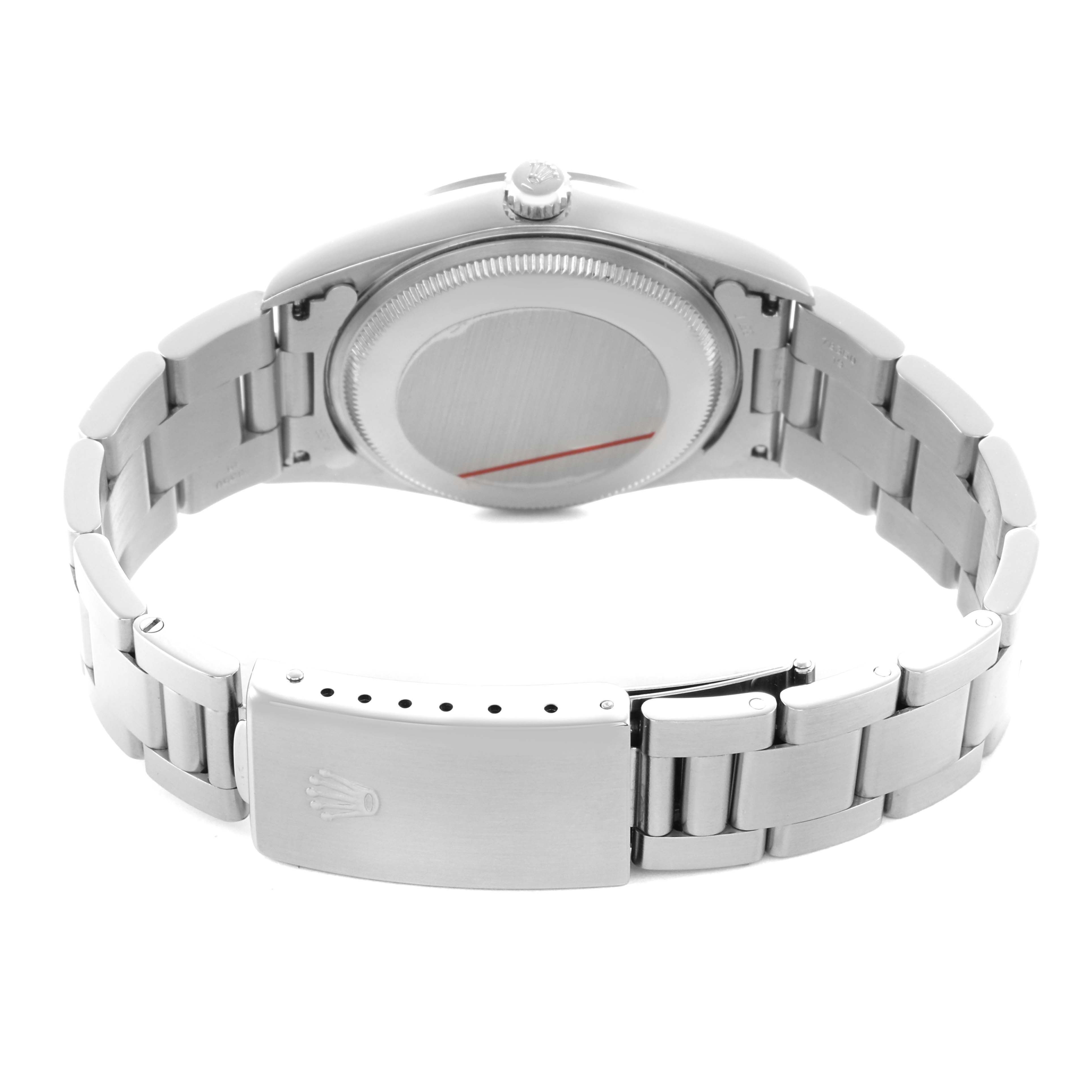 The image shows the back view of a Rolex Air-King 14000 Men's Stainless Steel Pink Dial, highlighting the case back, bracelet, and clasp.