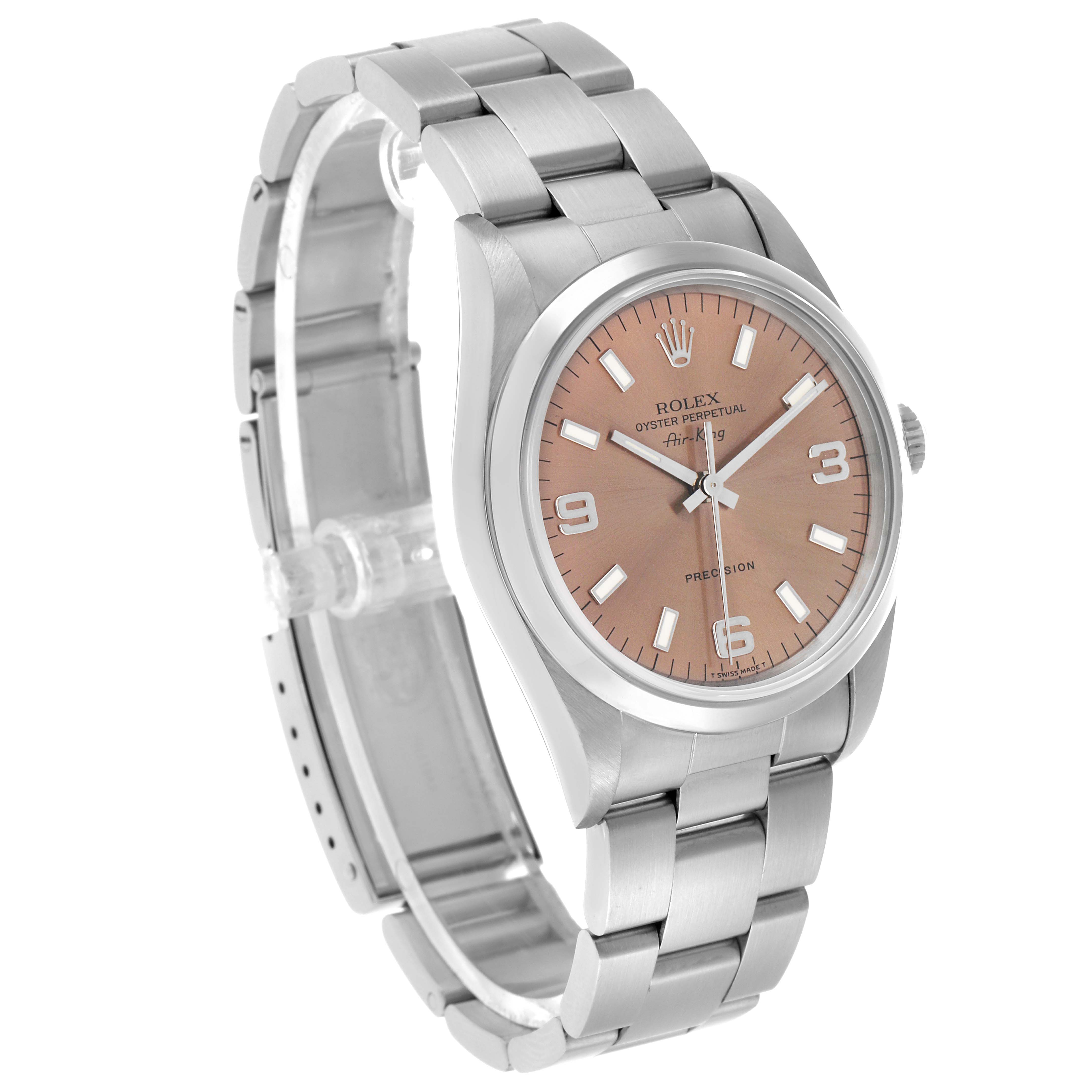 The Rolex Air-King 14000 Men's Stainless Steel Pink Dial watch is shown at a three-quarter angle, displaying the face, crown, and stainless steel bracelet.