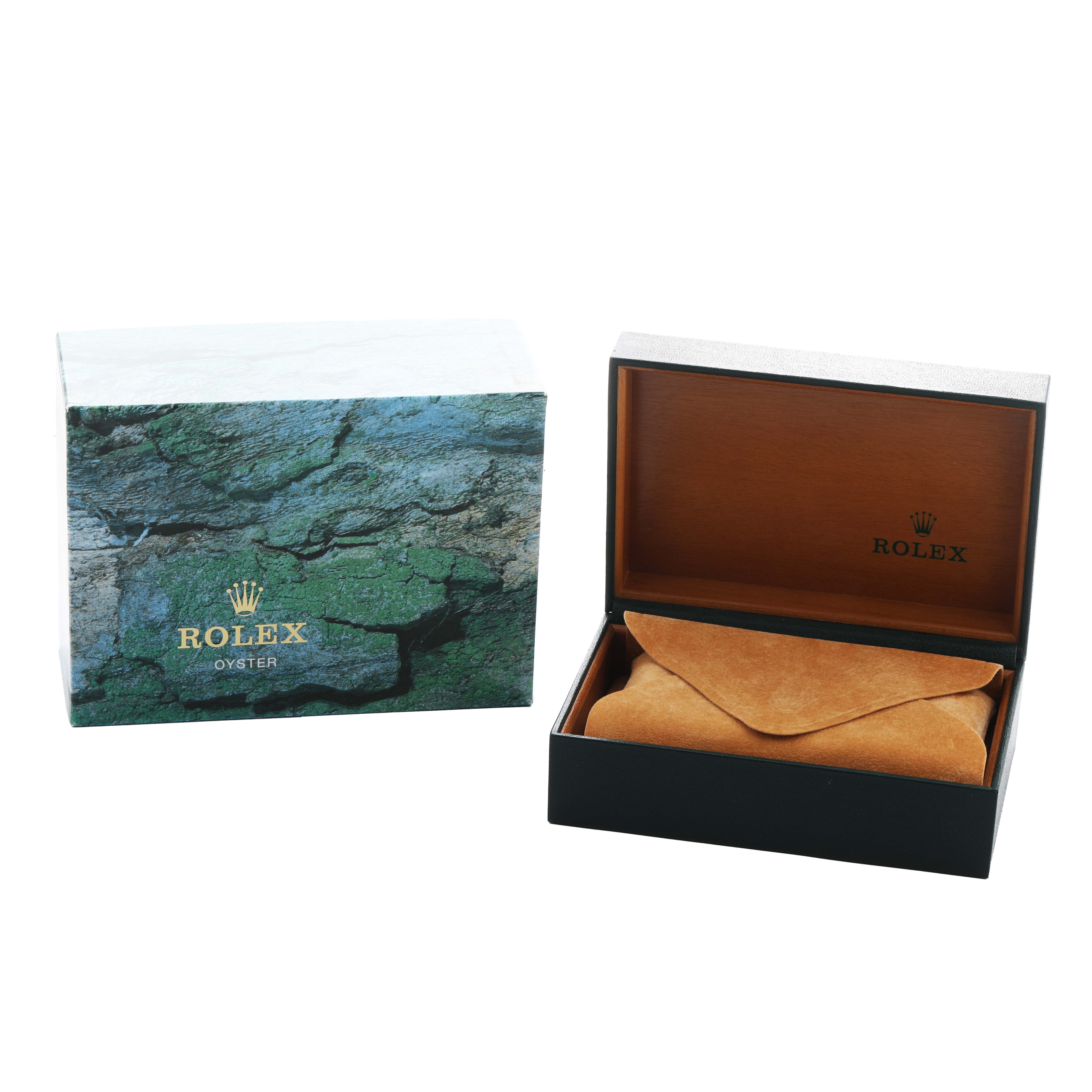 The image shows a Rolex Air-King 14000 Men's Stainless Steel Pink Dial watch box set, including a closed outer box and an open inner box with a watch pouch.