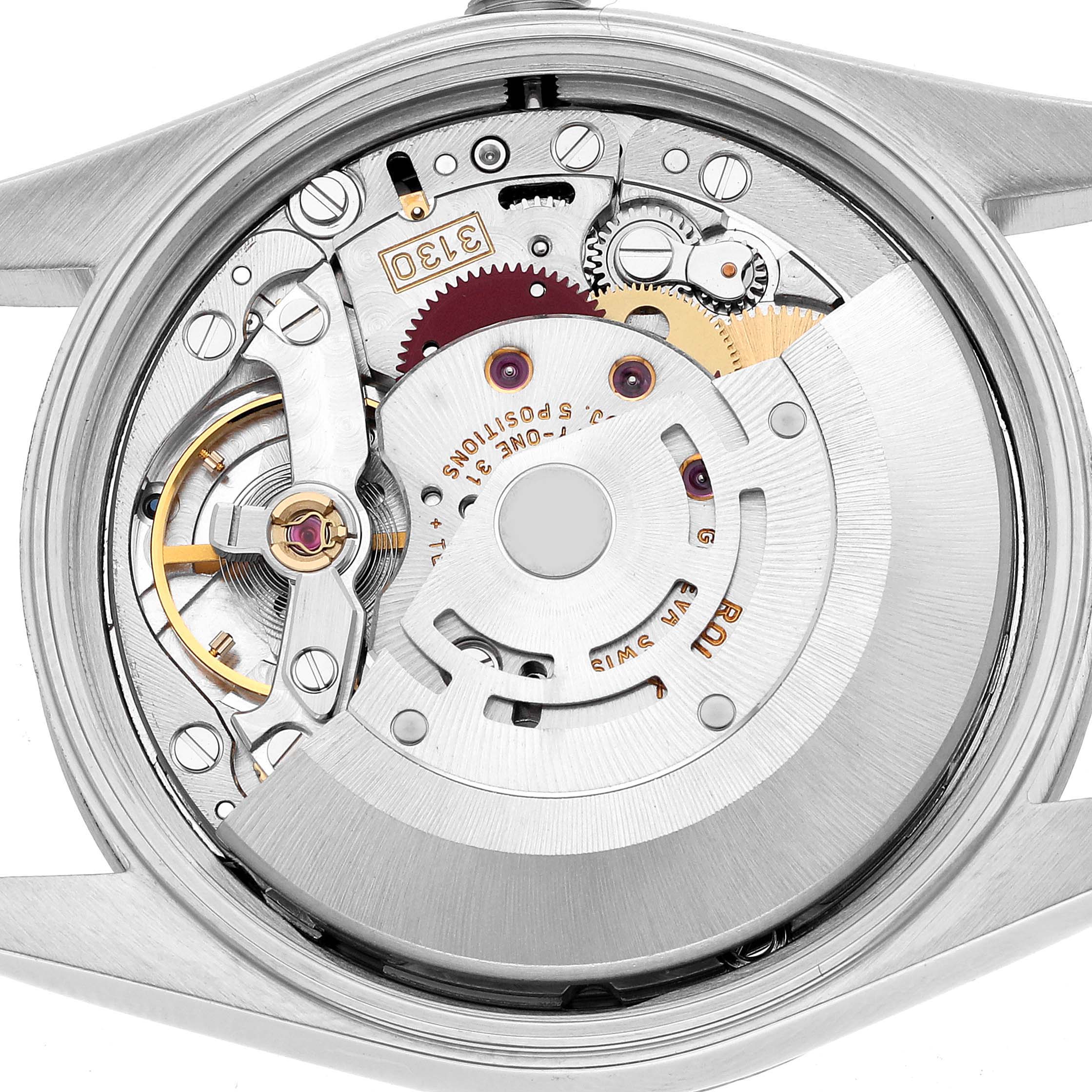 The image shows the internal mechanism of a Rolex Air-King 14000 Men's Stainless Steel Pink Dial, viewed from the back, displaying gears and the rotor.