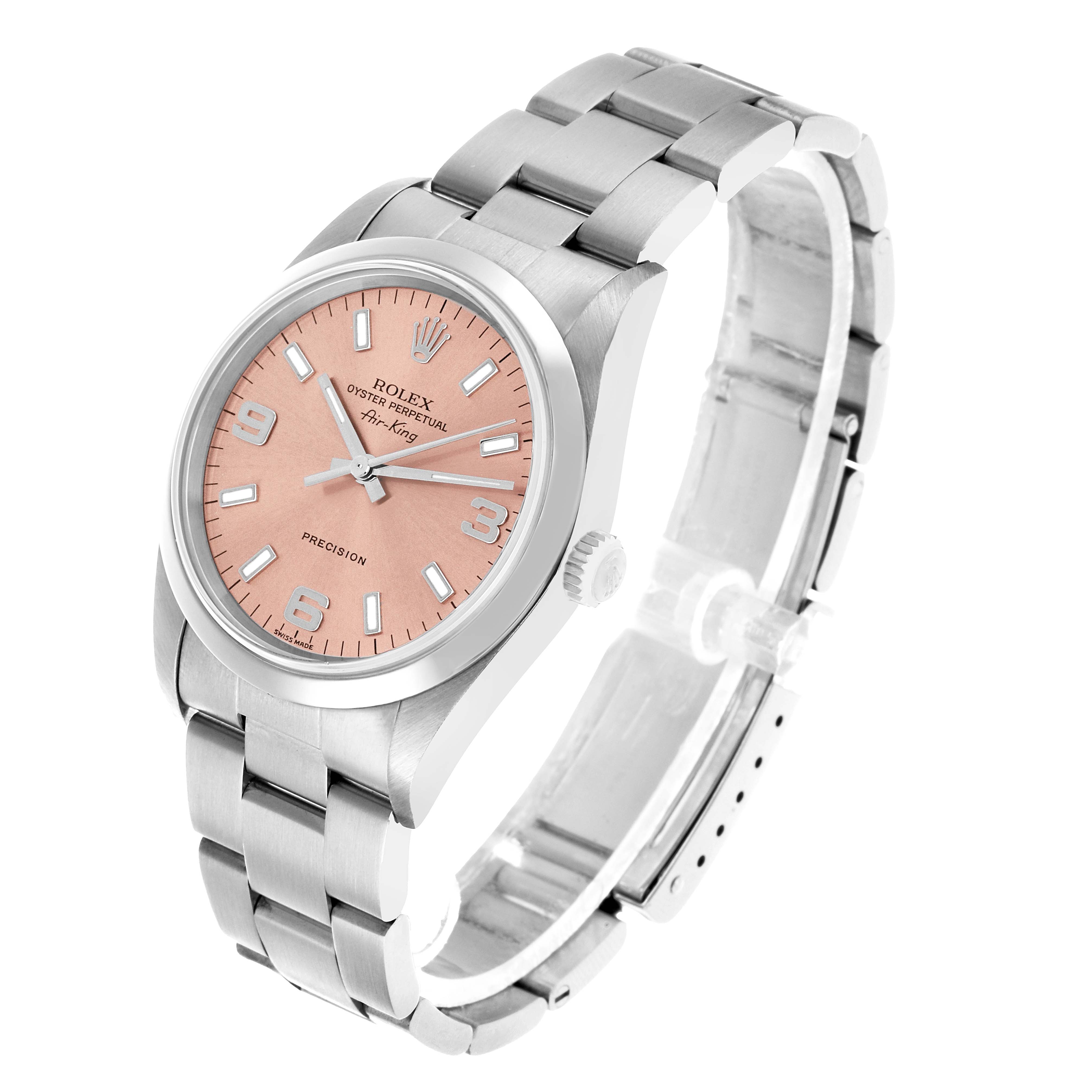 The Rolex Air-King 14000 Men's Stainless Steel Pink Dial watch is angled to show the dial, case, crown, and bracelet prominently.