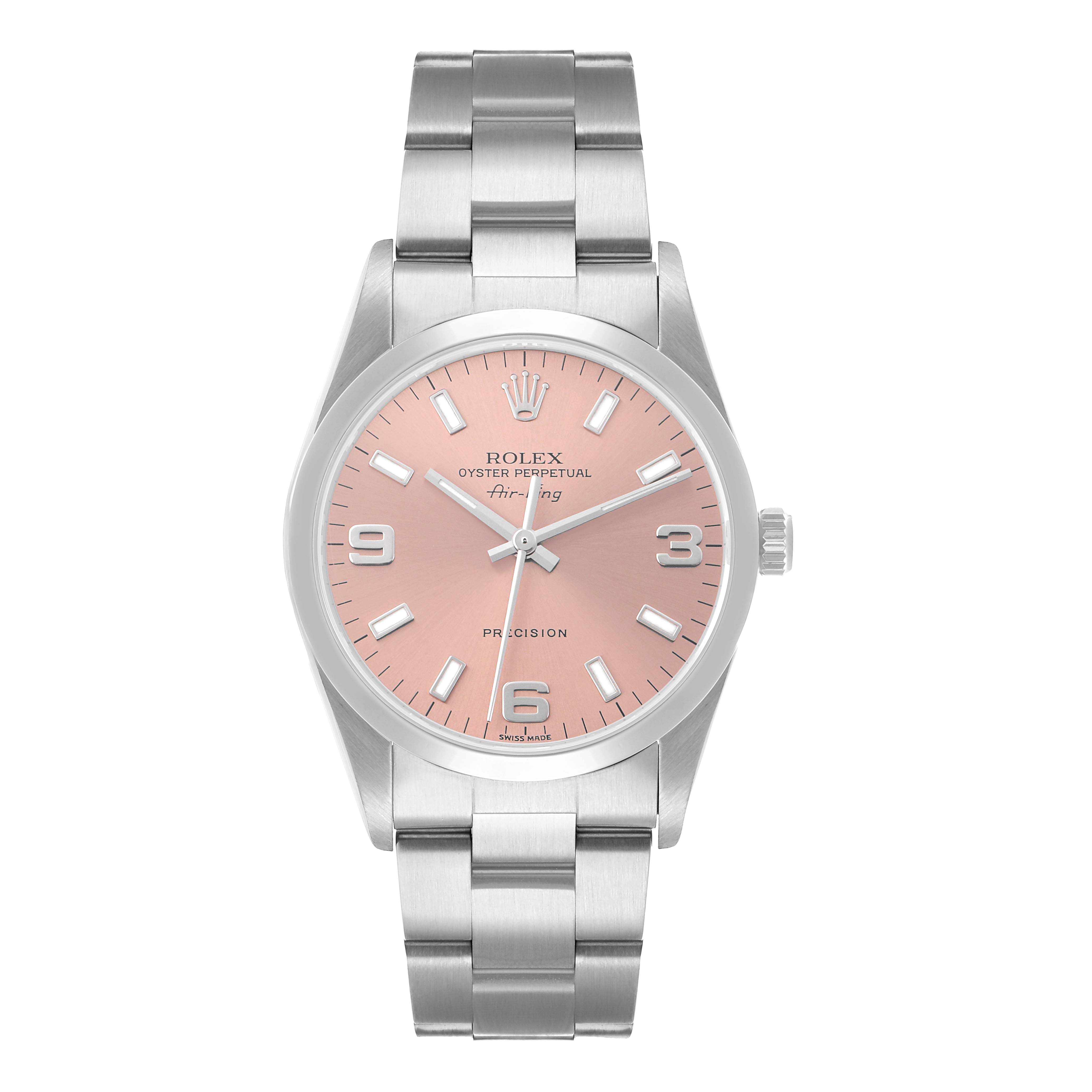 The Rolex Air-King 14000 Men's Stainless Steel Pink Dial watch is shown from a front angle, displaying the dial, case, and bracelet fully.