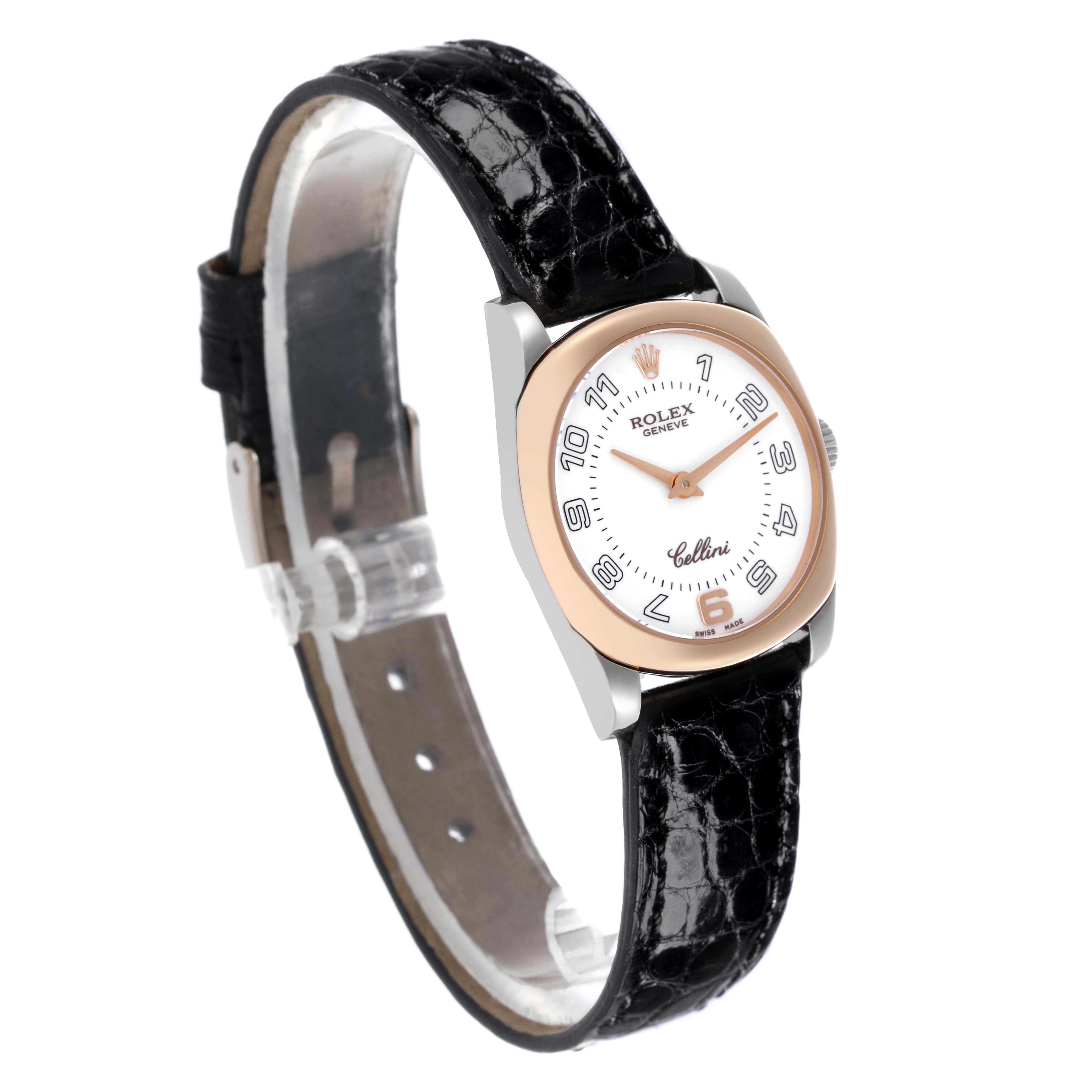 The Rolex Cellini 6229 Women's White Gold White Dial 6229 Women's White Gold White Dial watch is shown from a side angle, featuring the face, case, and black leather strap.