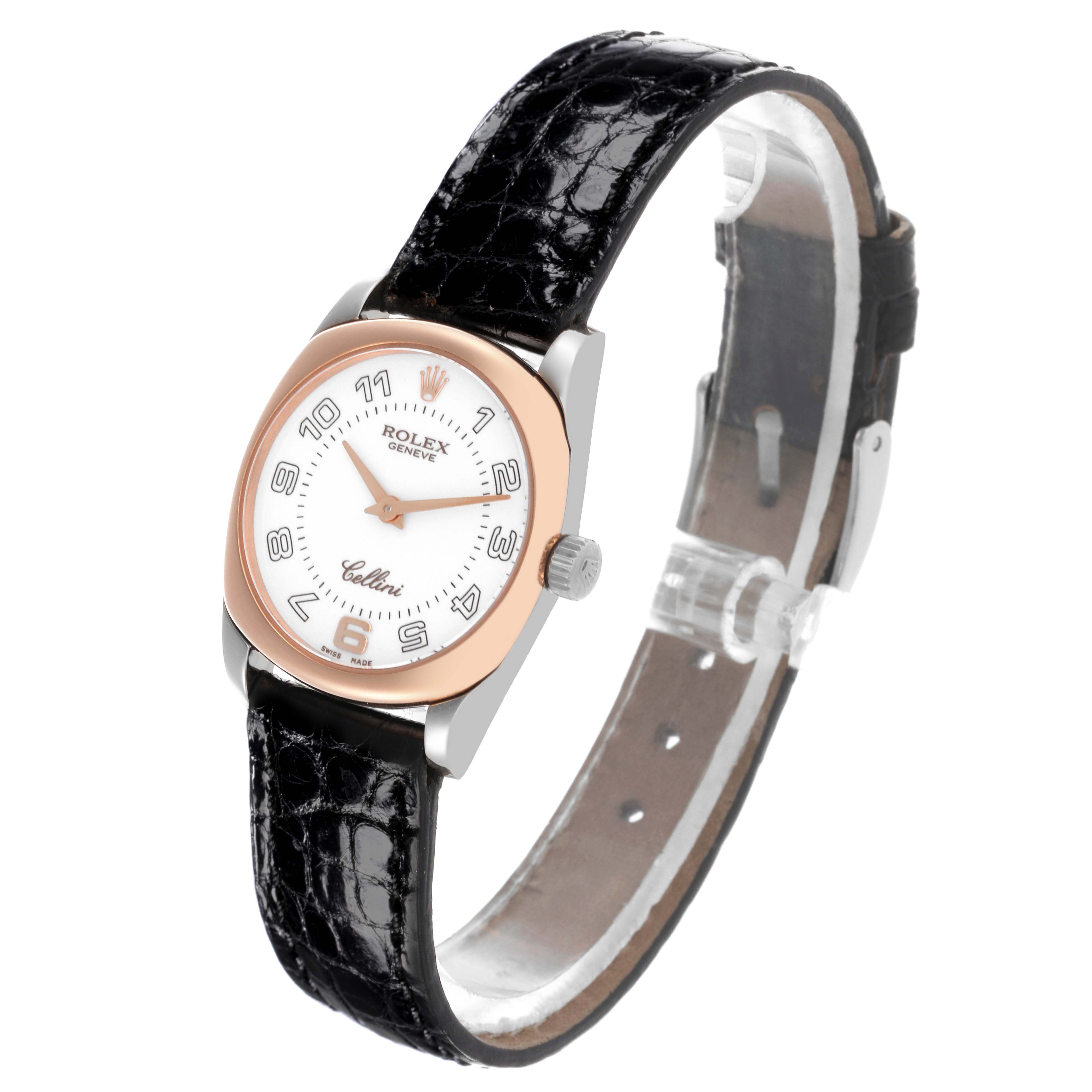 The Rolex Cellini 6229 Women's White Gold White Dial 6229 Women's White Gold White Dial watch is shown at an angled front view, displaying the dial, bezel, crown, and leather strap.