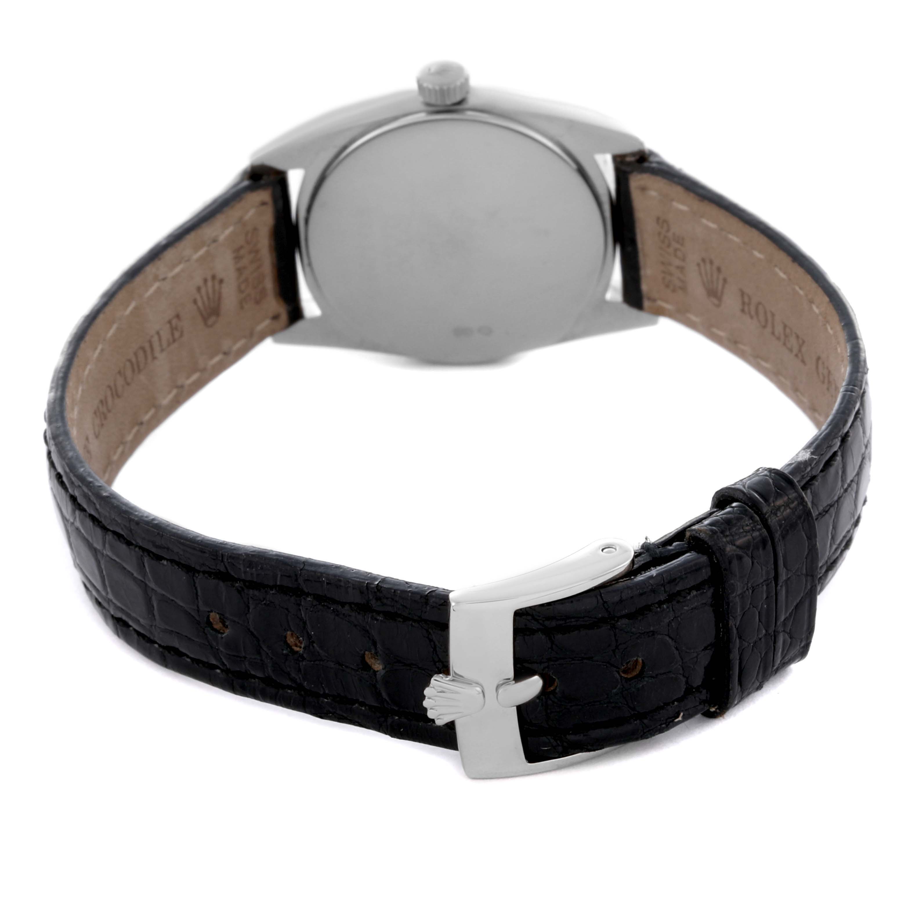 The image shows the back of a Rolex Cellini 6229 Women's White Gold White Dial 6229 Women's White Gold White Dial watch, highlighting the clasp and leather strap.