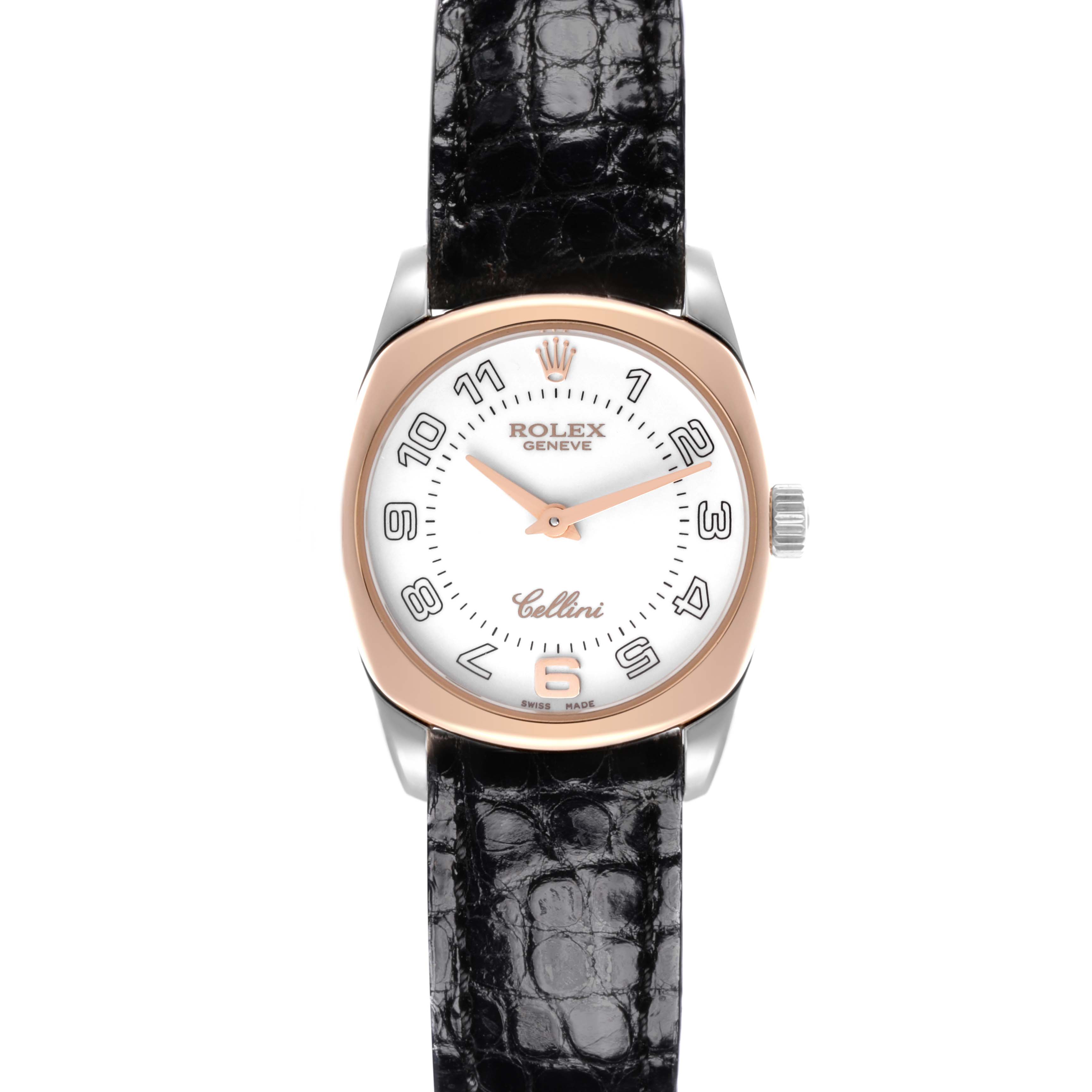 The Rolex Cellini 6229 Women's White Gold White Dial 6229 Women's White Gold White Dial watch is shown from the front, displaying the dial and black leather strap.