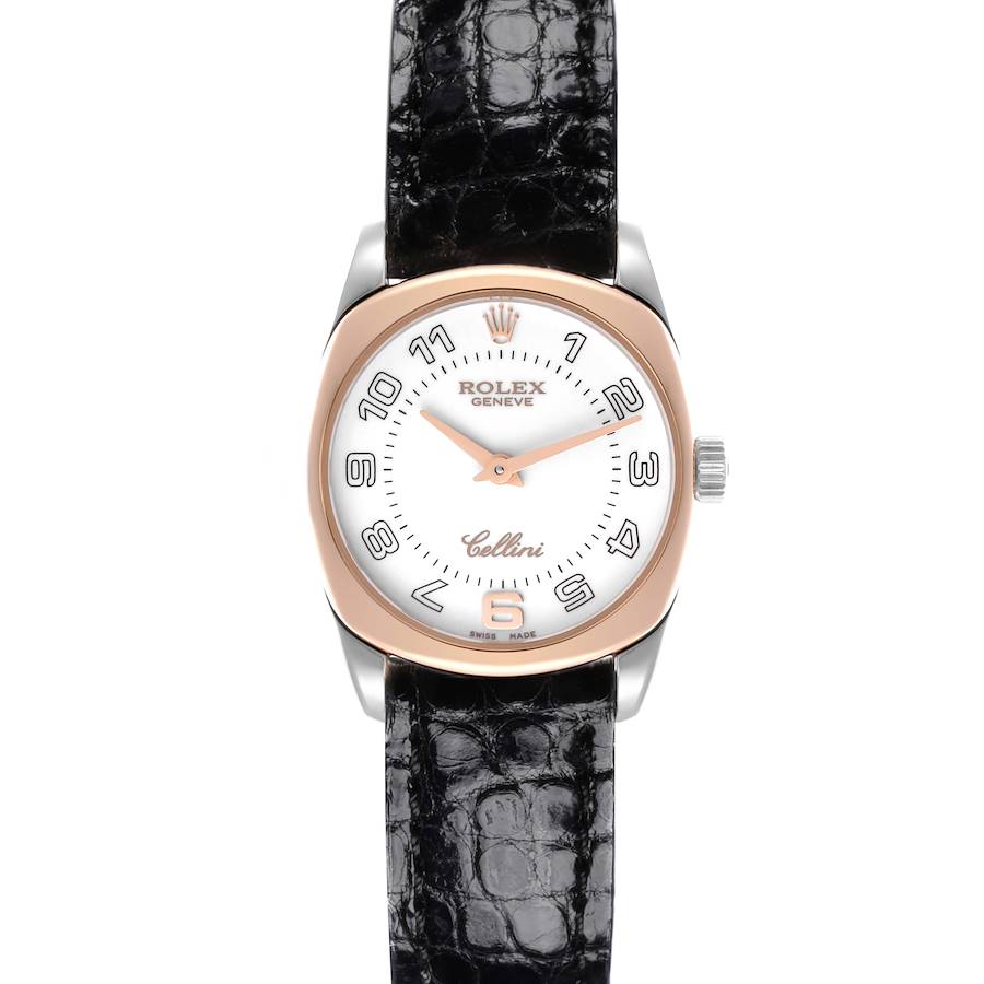 The Rolex Cellini watch is shown from the front, displaying the dial and black leather strap.