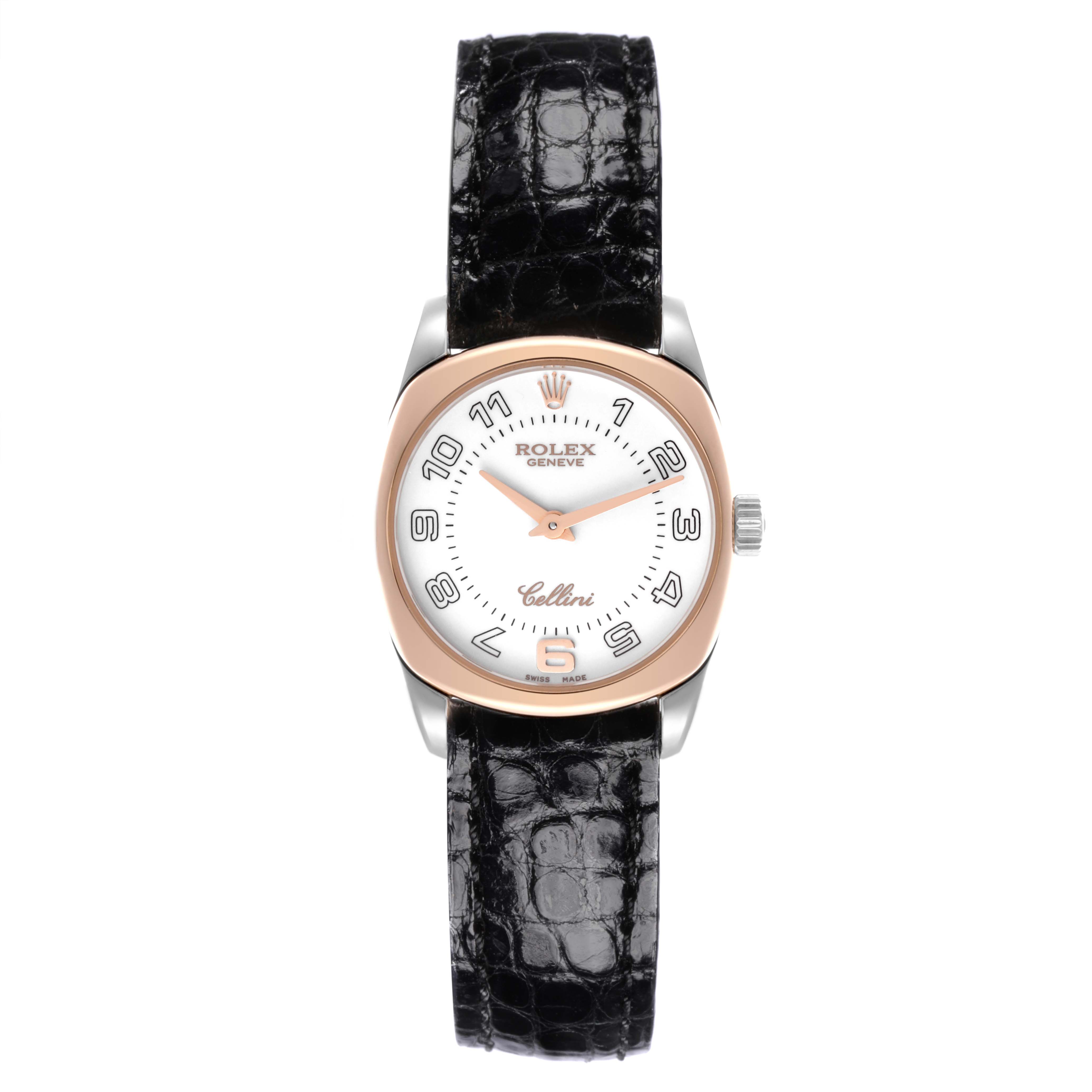 The Rolex Cellini 6229 Women's White Gold White Dial 6229 Women's White Gold White Dial watch is shown from a front angle, highlighting the dial, bezel, and leather strap.