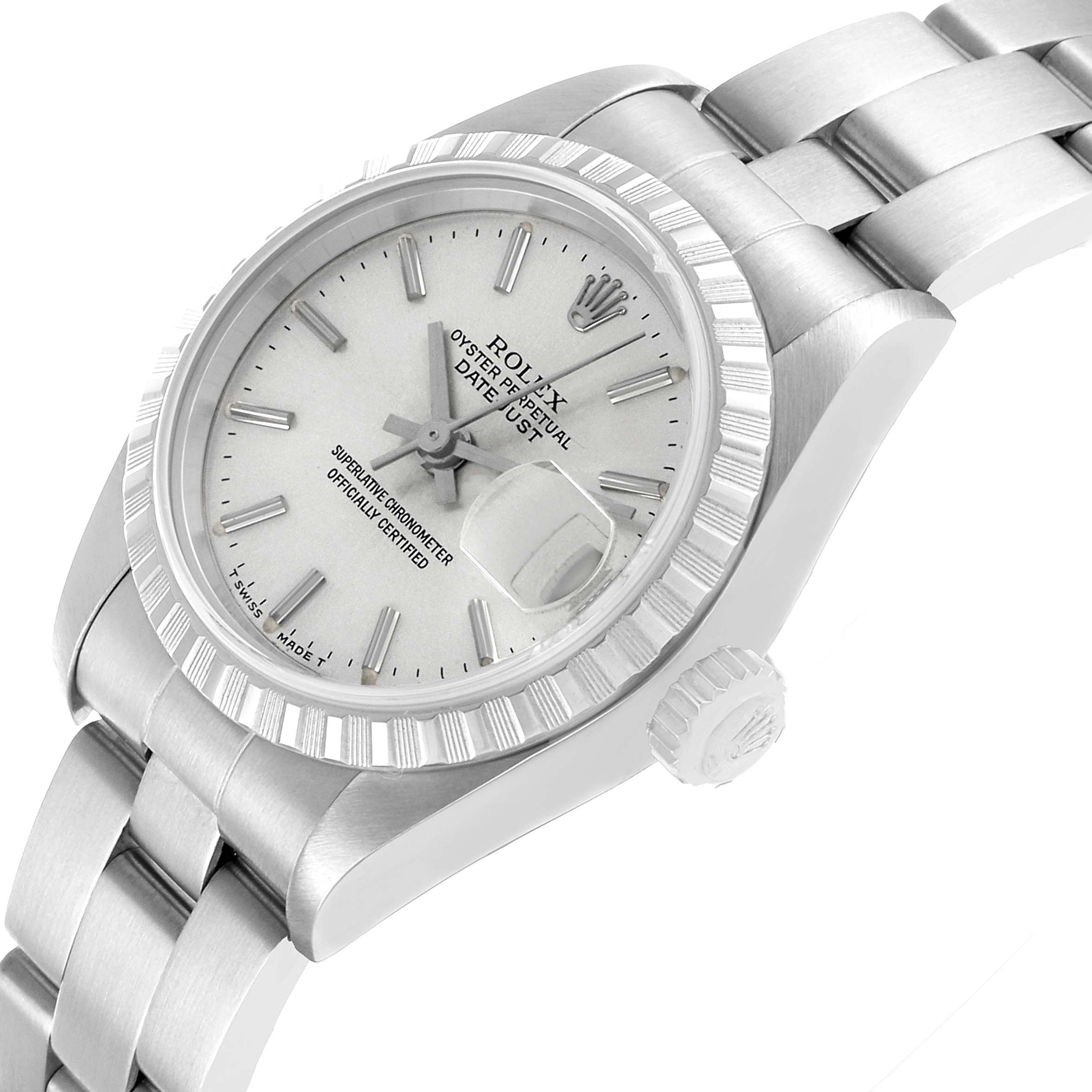 The watch is a Rolex Date 79240 Women's Stainless Steel Silver Dial model, shown at an angle highlighting the face, bezel, crown, and part of the bracelet.
