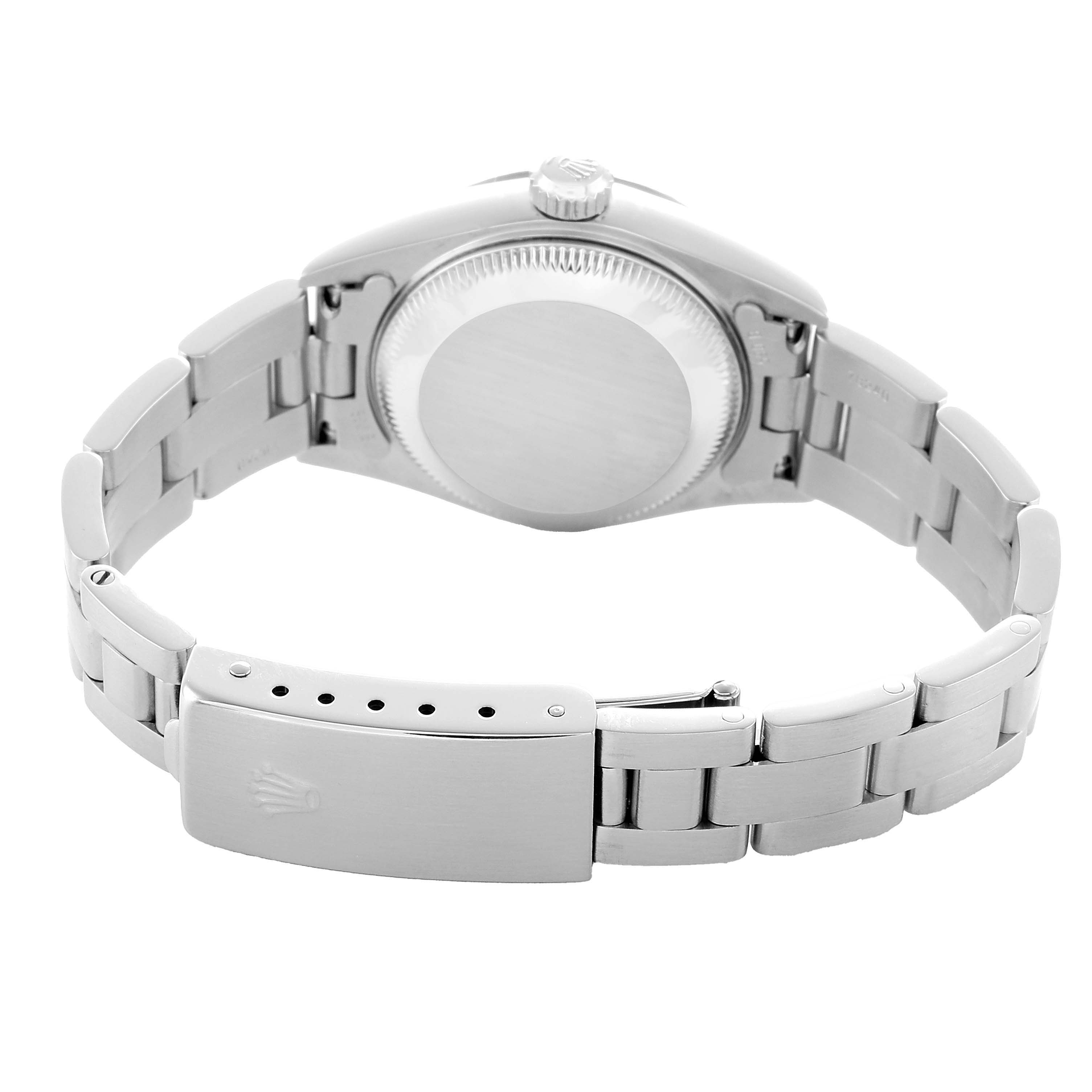 The image shows the back view of a Rolex Date 79240 Women's Stainless Steel Silver Dial model watch, highlighting the case back and stainless steel bracelet with clasp.