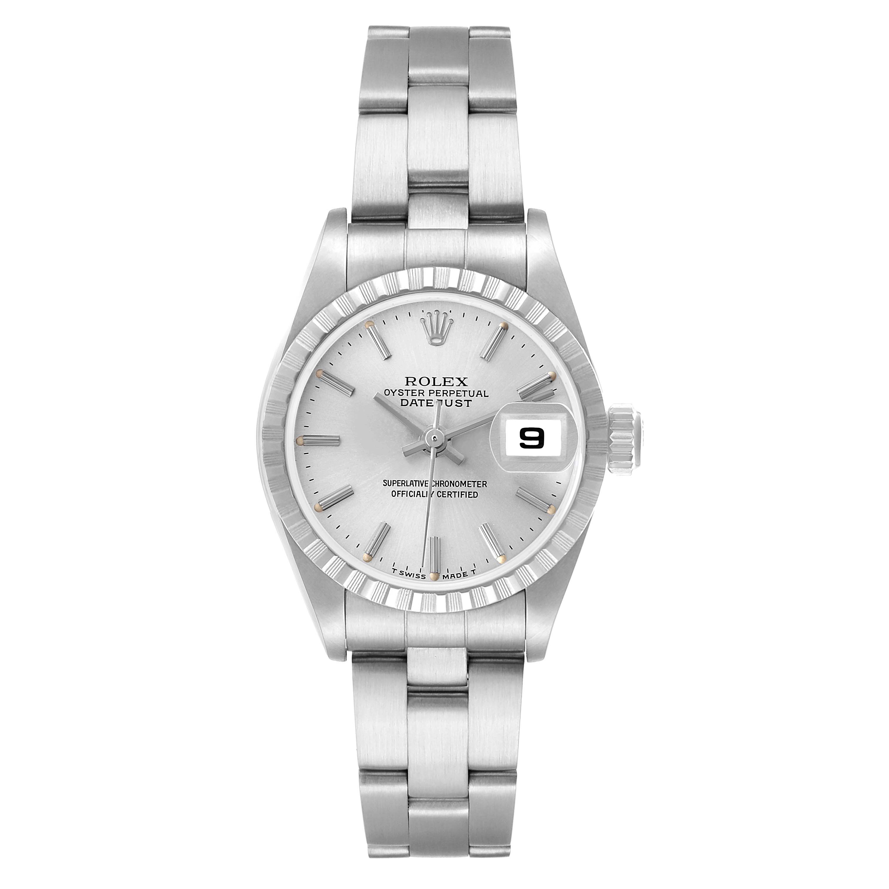 The Rolex Date 79240 Women's Stainless Steel Silver Dial model is shown from a front angle, displaying the dial, bracelet, and date window.