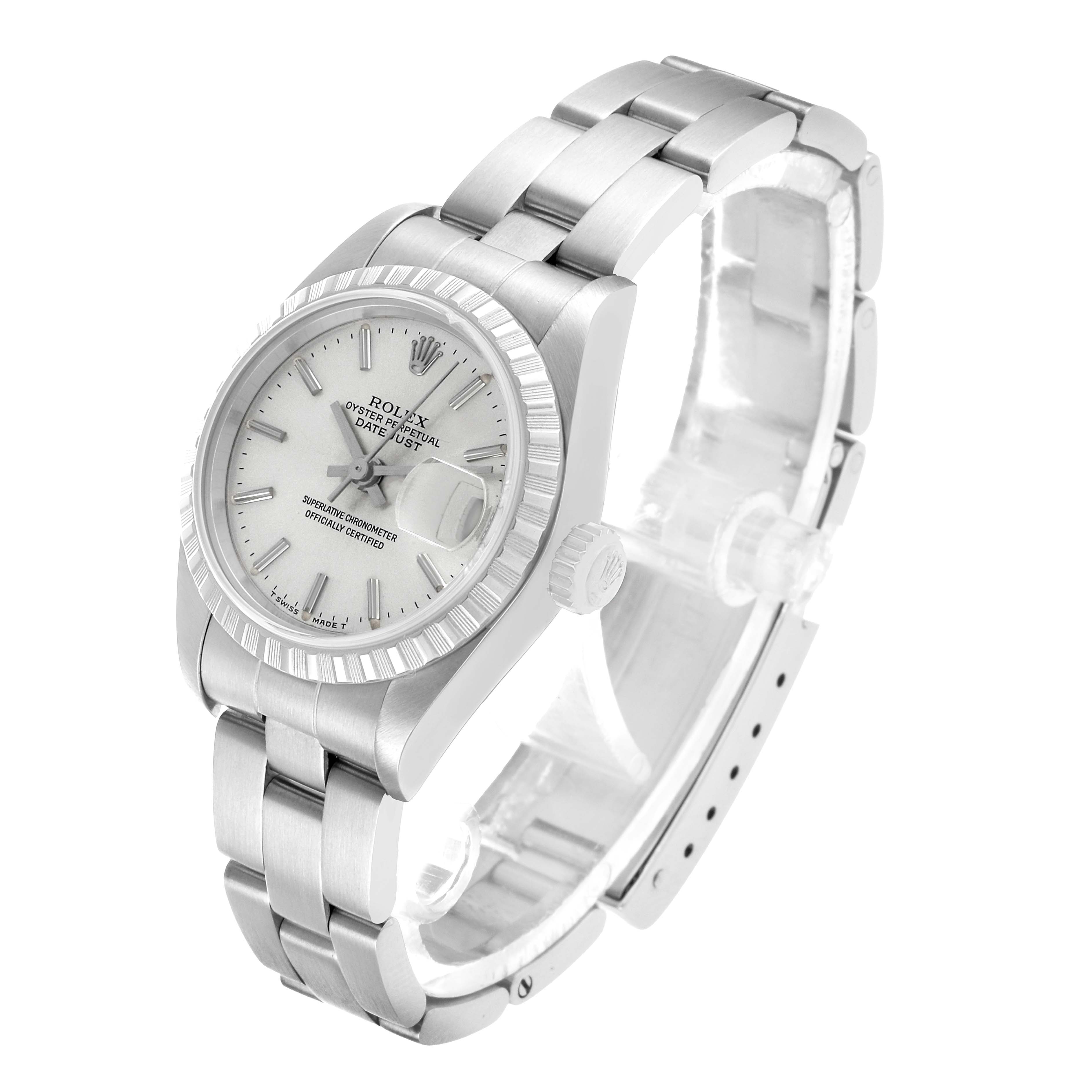 The image shows a Rolex Date 79240 Women's Stainless Steel Silver Dial model watch at a three-quarter angle, highlighting the dial, bezel, crown, and bracelet.