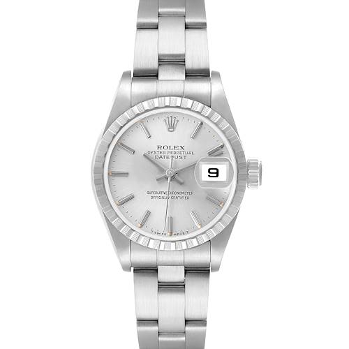 The Rolex Date 79240 Women's Stainless Steel Silver Dial model is shown from a frontal angle, displaying the dial, bezel, and bracelet.