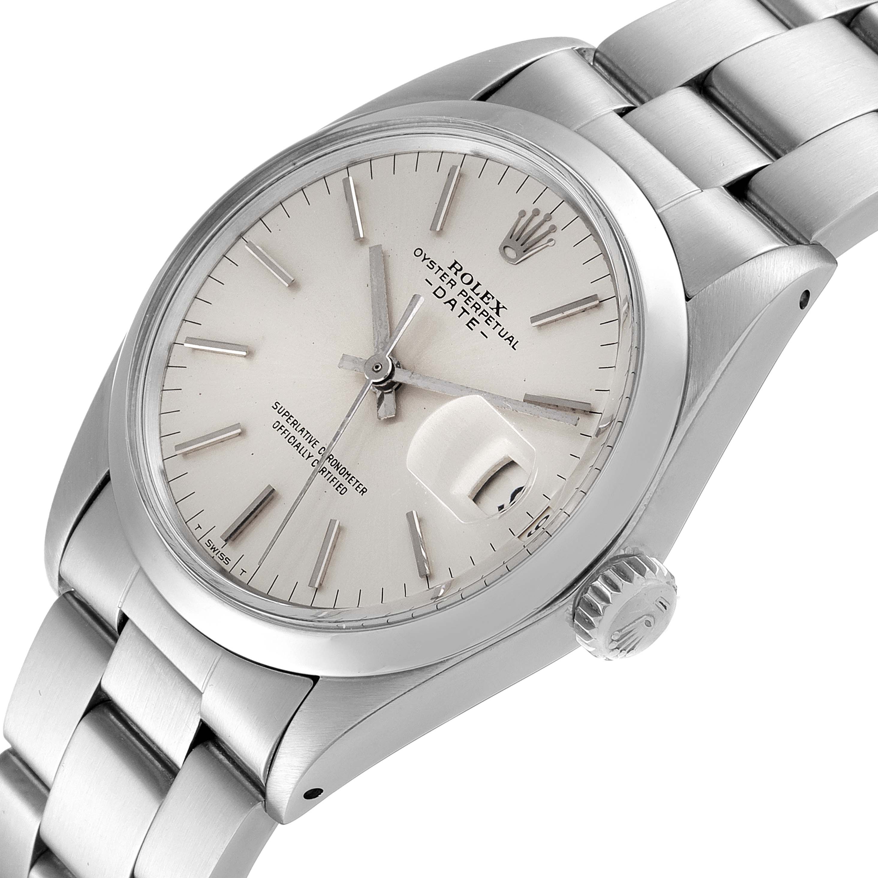 This image shows a close-up of the Rolex Vintage Collection 1500 Men's Stainless Steel Silver Dial 1500 Men's Stainless Steel Silver Dial watch displaying its face, crown, and part of the bracelet.