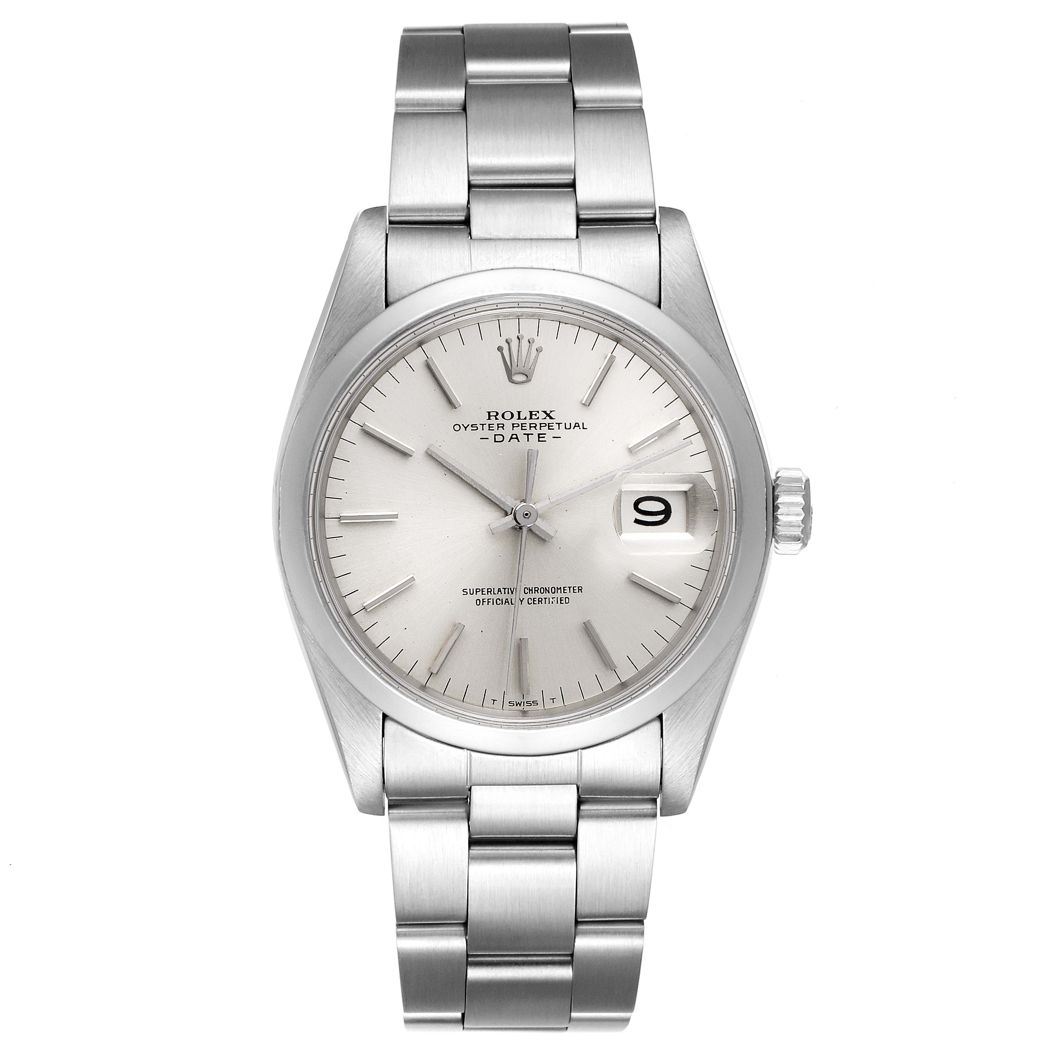 The image shows a front view of a Rolex Vintage Collection 1500 Men's Stainless Steel Silver Dial 1500 Men's Stainless Steel Silver Dial Oyster Perpetual Date watch, highlighting the face, bracelet, and date window.