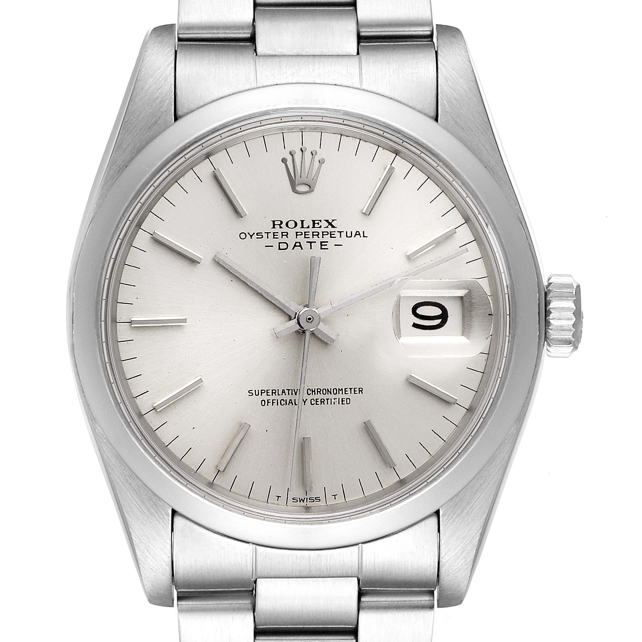 The image shows a front view of the Rolex Vintage Collection 1500 Men's Stainless Steel Silver Dial 1500 Men's Stainless Steel Silver Dial Oyster Perpetual Date watch, highlighting its face, bezel, crown, and bracelet.