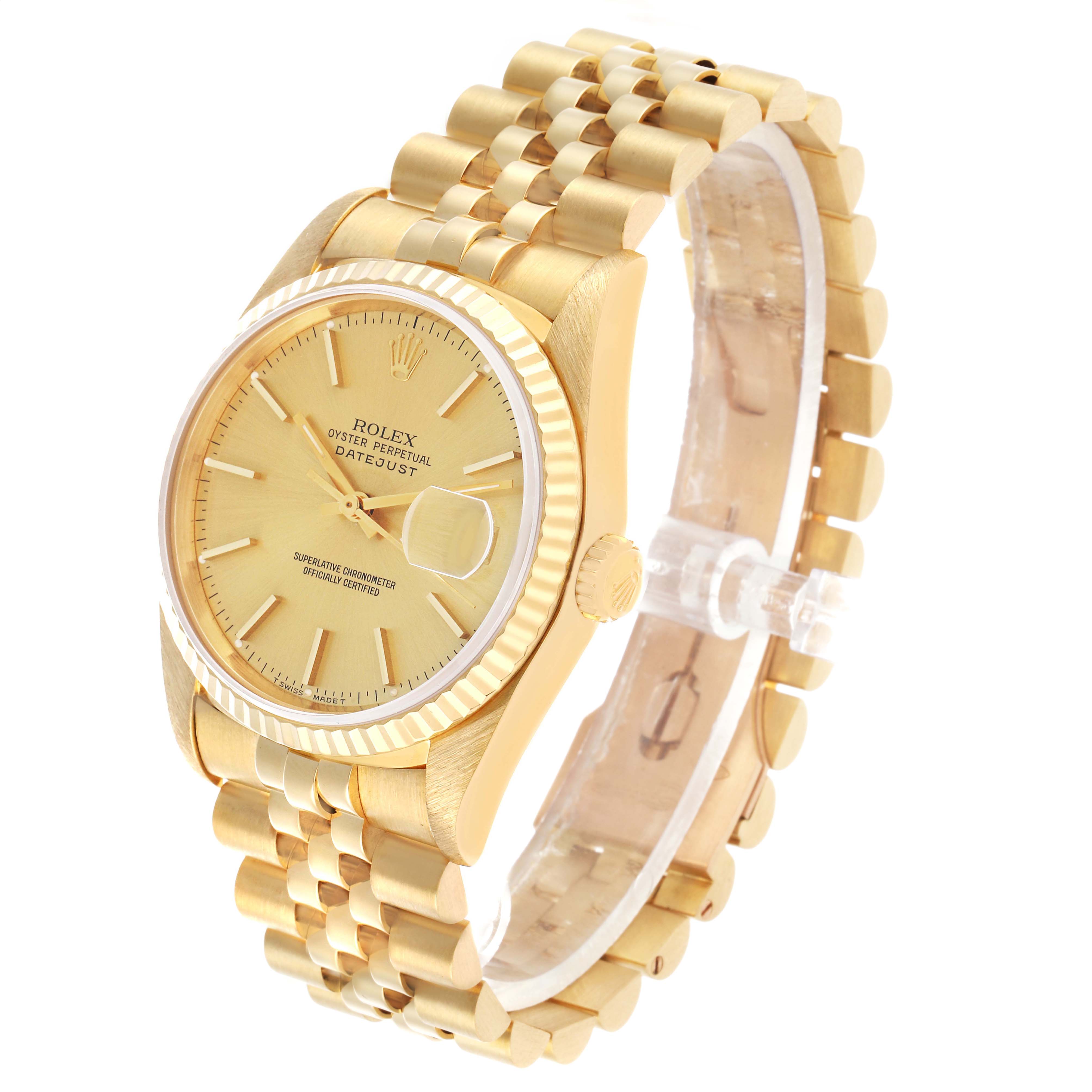 The Rolex Datejust 16238 Men's Yellow Gold Champagne Dial watch is shown at a three-quarter angle, highlighting the dial, bezel, crown, and bracelet.