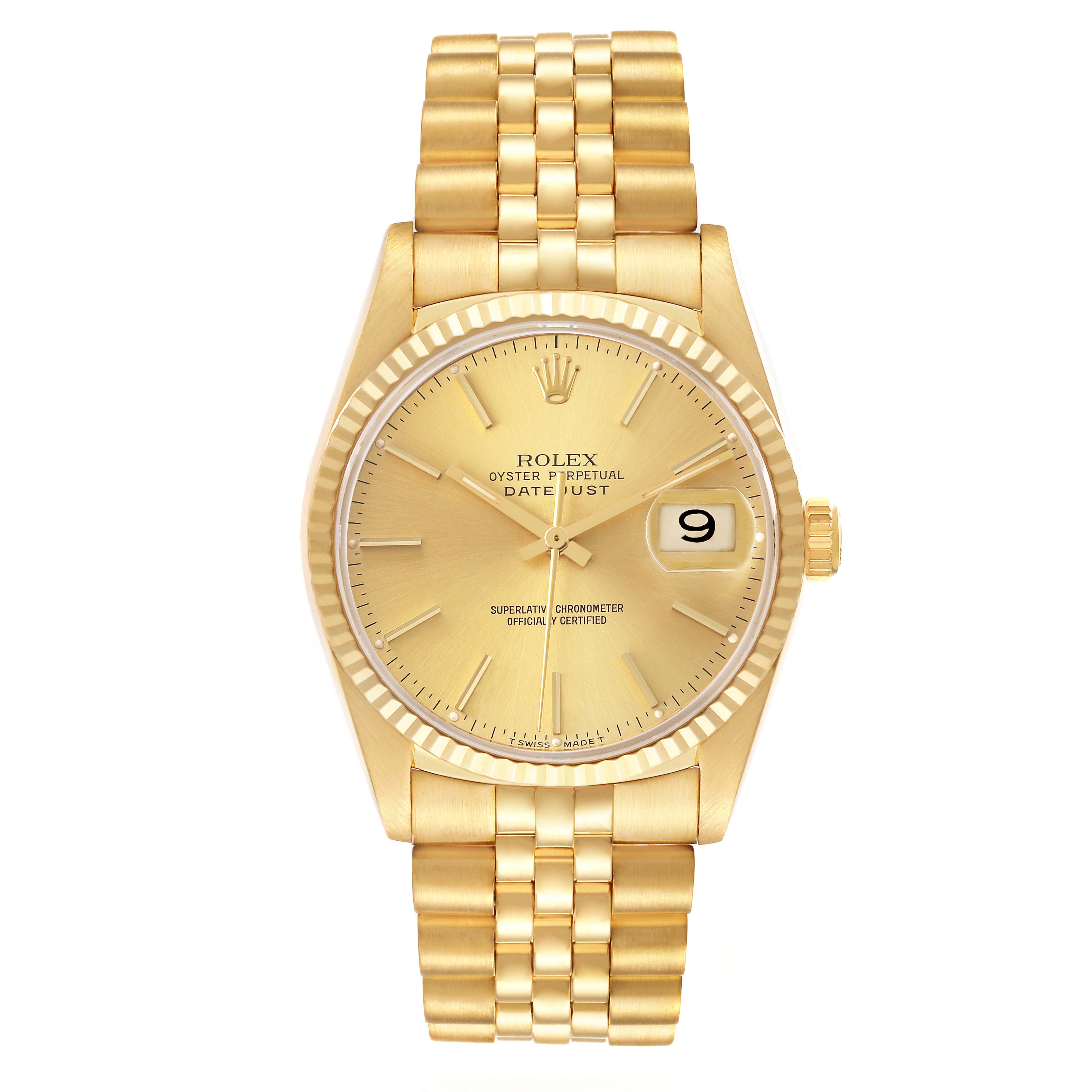 The Rolex Datejust 16238 Men's Yellow Gold Champagne Dial watch is shown from a front angle, highlighting the gold dial, fluted bezel, and jubilee bracelet.