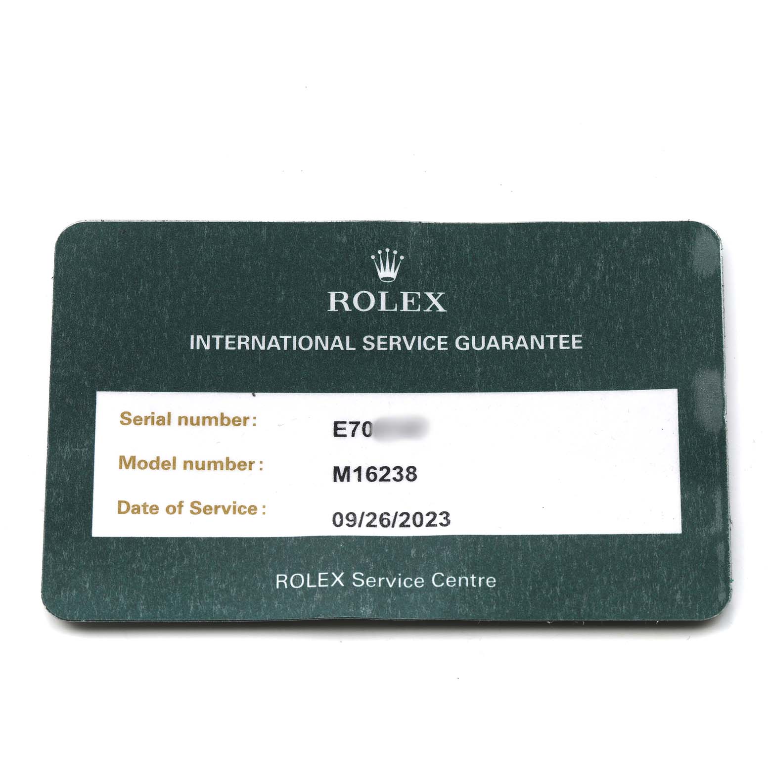 The image shows a Rolex International Service Guarantee card for the Datejust model.