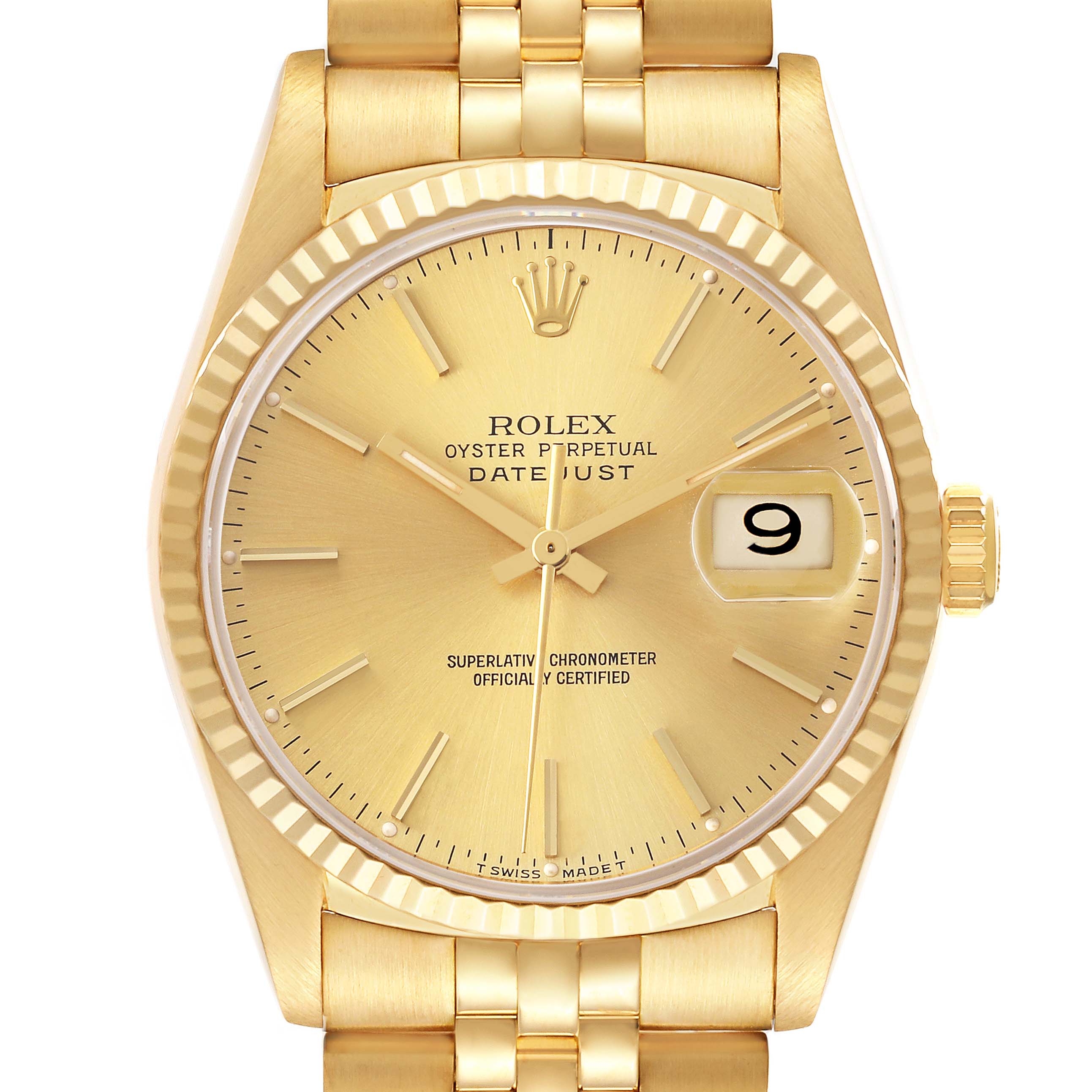 The Rolex Datejust 16238 Men's Yellow Gold Champagne Dial watch is shown from a front angle, highlighting its gold dial, bezel, crown, and part of the bracelet.