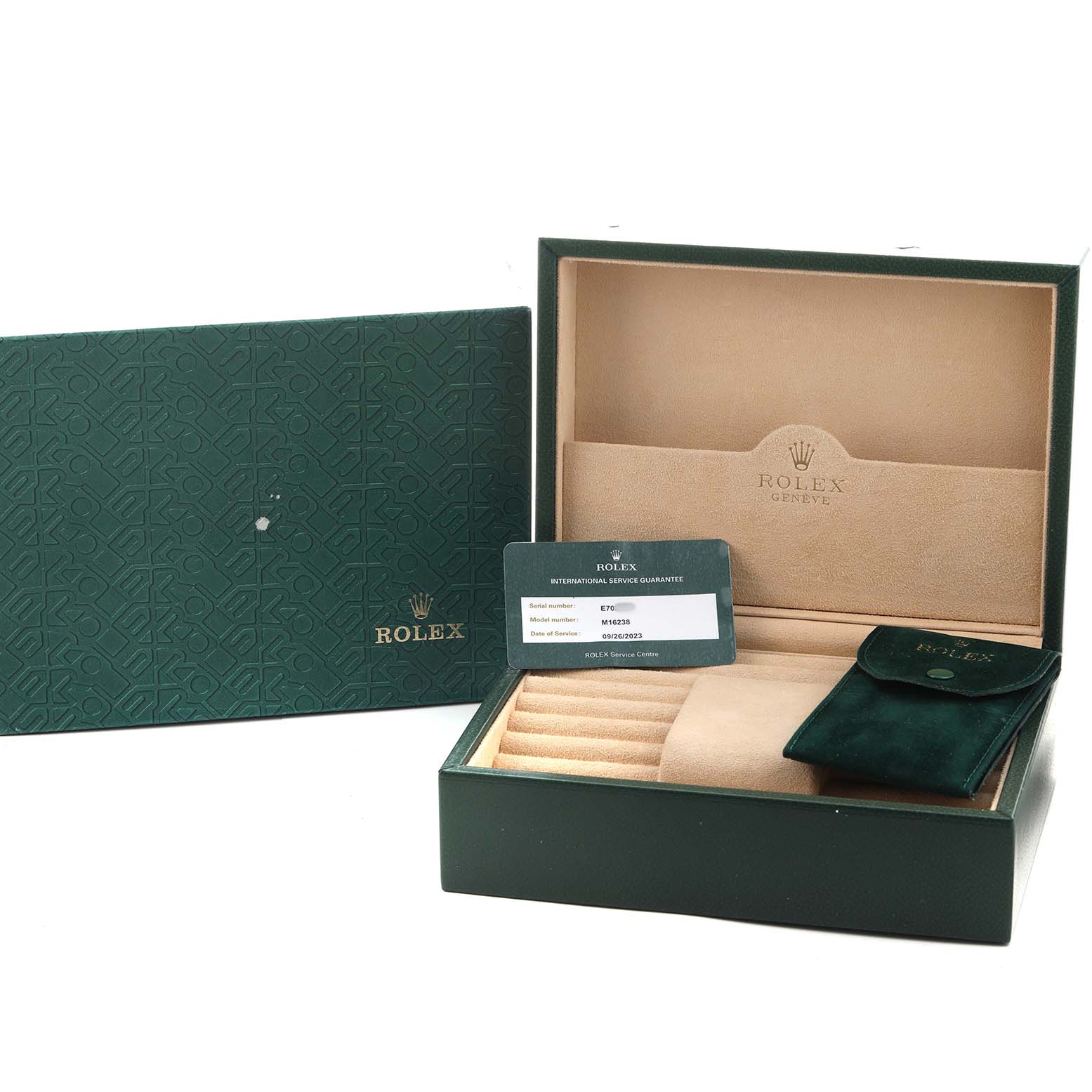 The image shows a Rolex Datejust 16238 Men's Yellow Gold Champagne Dial packaging at an angle, displaying the box, card, and pouch.