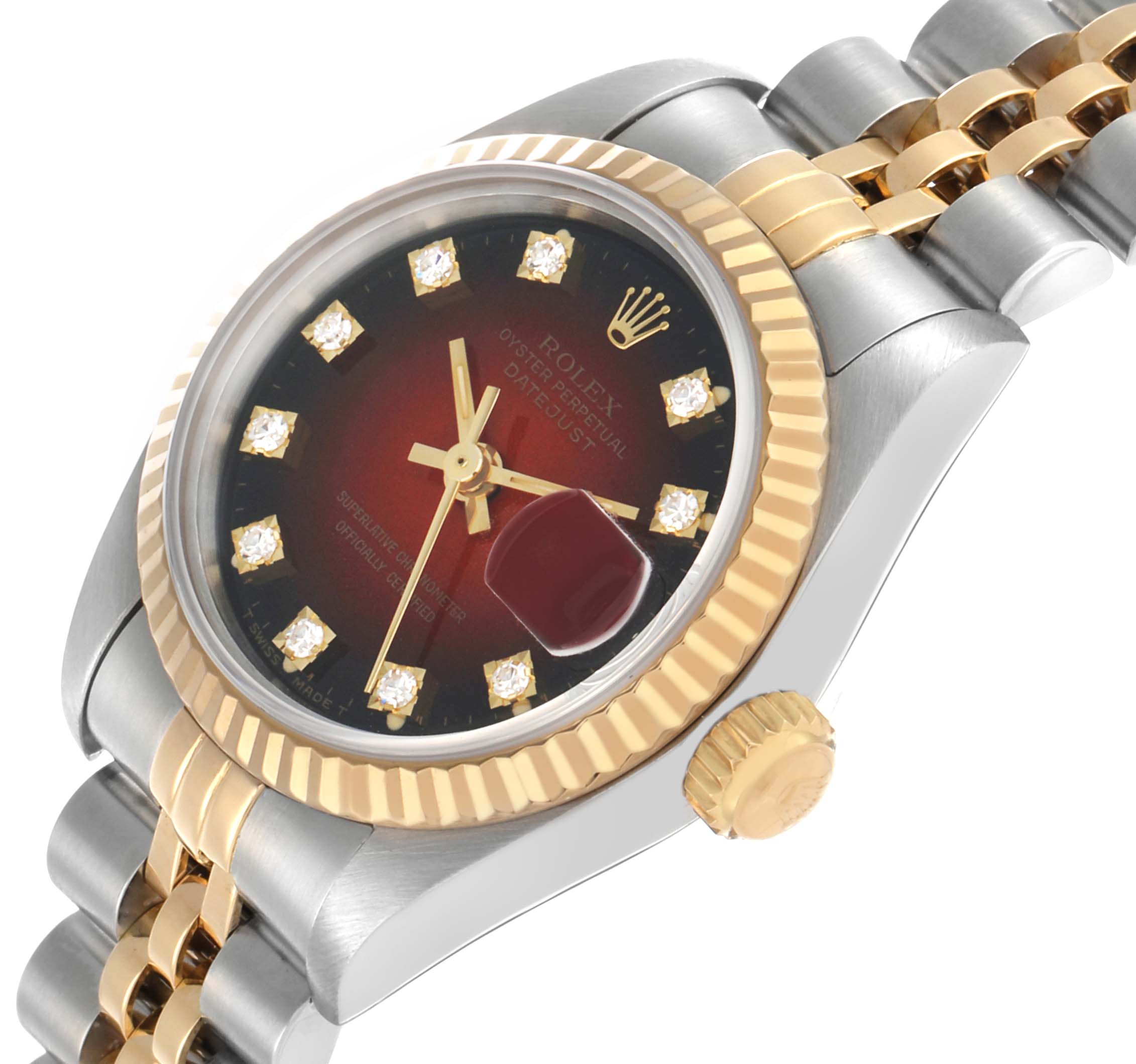 The Rolex Datejust 69173 Women's Steel and Gold (two tone) Red Dial watch is angled to show the bezel, crown, dial, and part of the bracelet clearly.