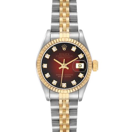 The Rolex Datejust 69173 Women's Steel and Gold (two tone) Red Dial watch is shown from a top view, displaying the face, bezel, crown, and two-tone bracelet.