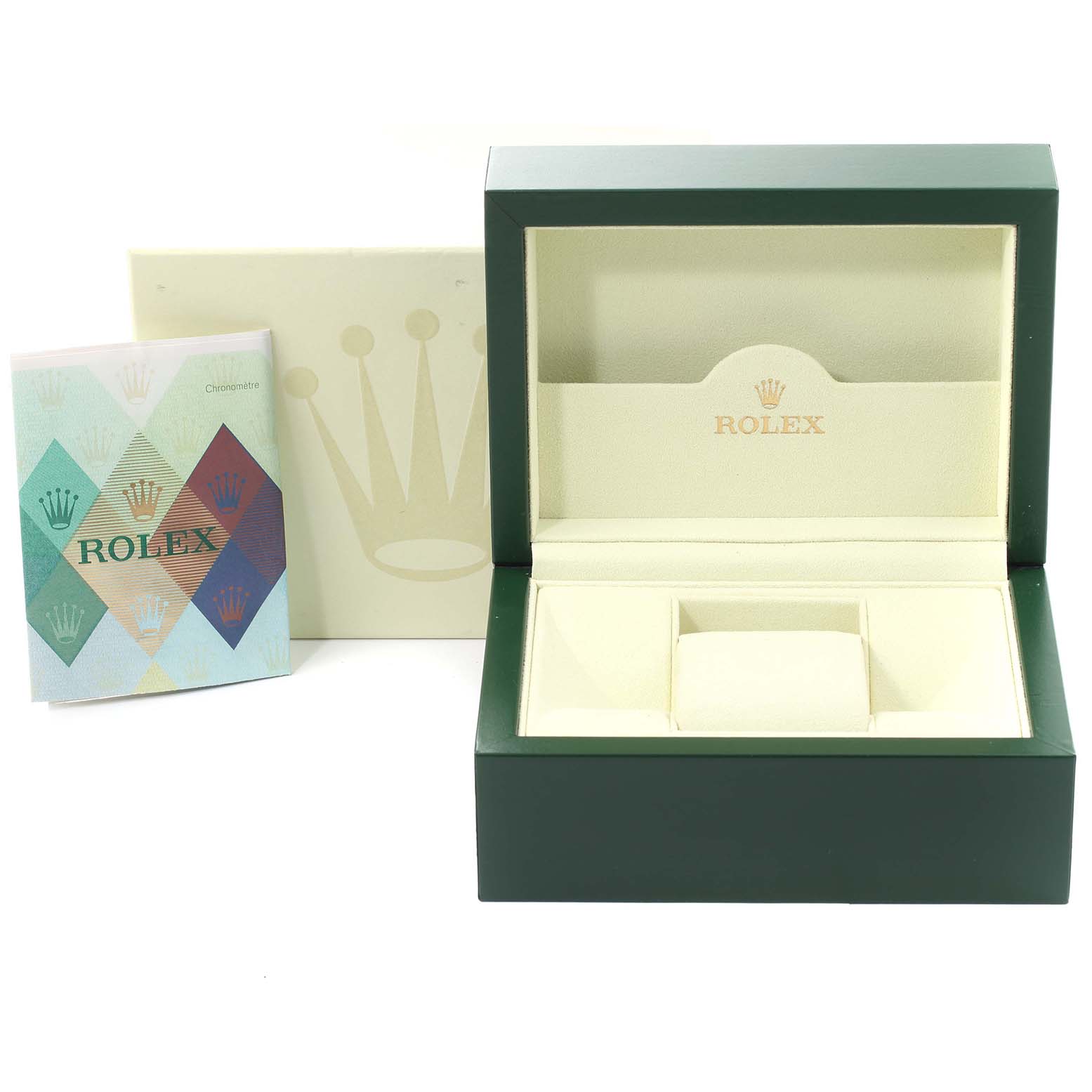 The image shows a Rolex Datejust 179173 Women's Steel and Gold (two tone) Silver Dial 179173 Women's Steel and Gold (two tone) Silver Dial watch box with an open lid, a cushion inside, and a booklet to the side.