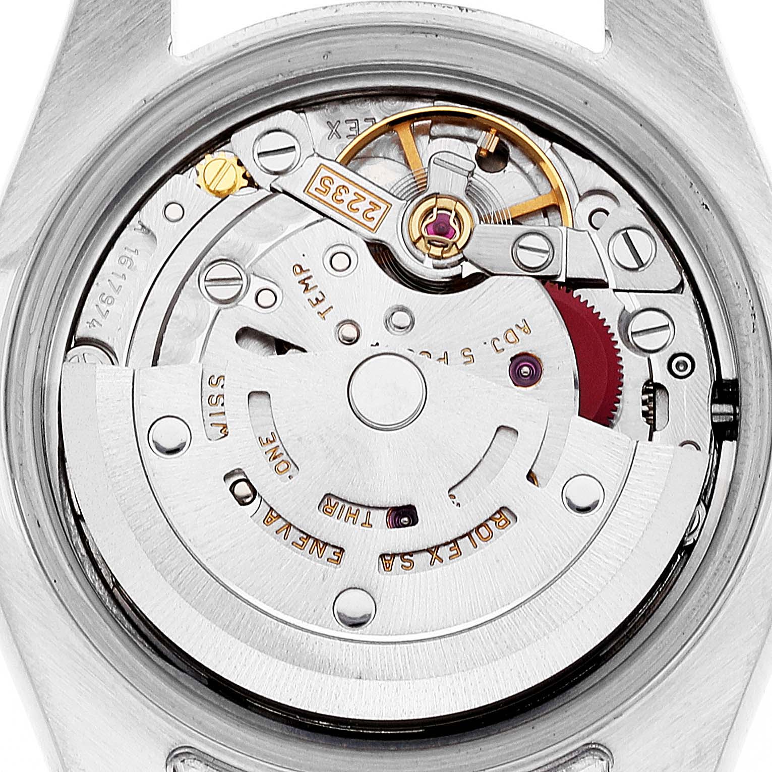 This is an image of the Rolex Datejust 179173 Women's Steel and Gold (two tone) Silver Dial 179173 Women's Steel and Gold (two tone) Silver Dial watch's movement, viewed from the back, showing its intricate internal components.