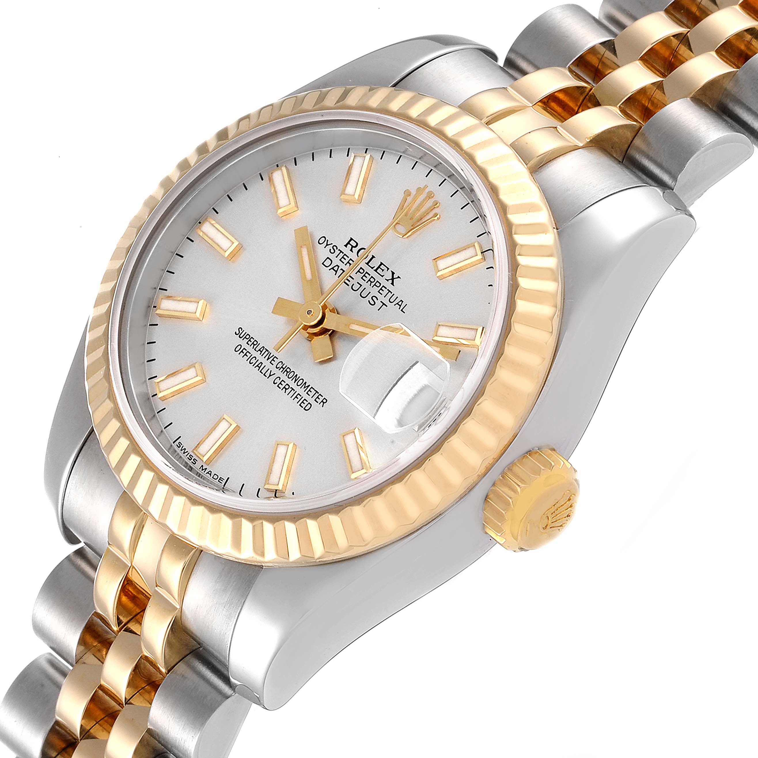 The image shows a close-up angled view of the Rolex Datejust 179173 Women's Steel and Gold (two tone) Silver Dial 179173 Women's Steel and Gold (two tone) Silver Dial watch, highlighting the face, bezel, crown, and part of the band.