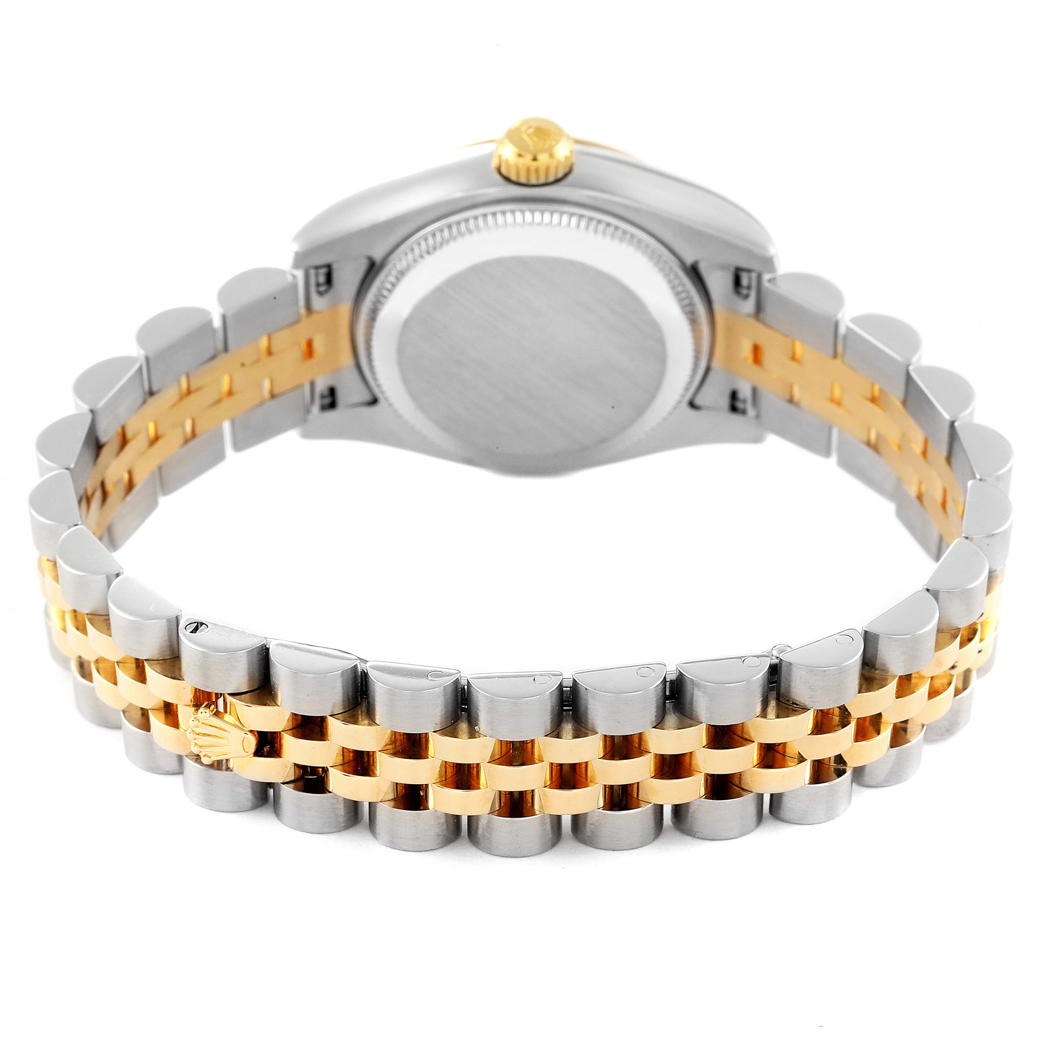 The image shows the back view of the Rolex Datejust 179173 Women's Steel and Gold (two tone) Silver Dial 179173 Women's Steel and Gold (two tone) Silver Dial watch, highlighting its two-tone bracelet and back case.