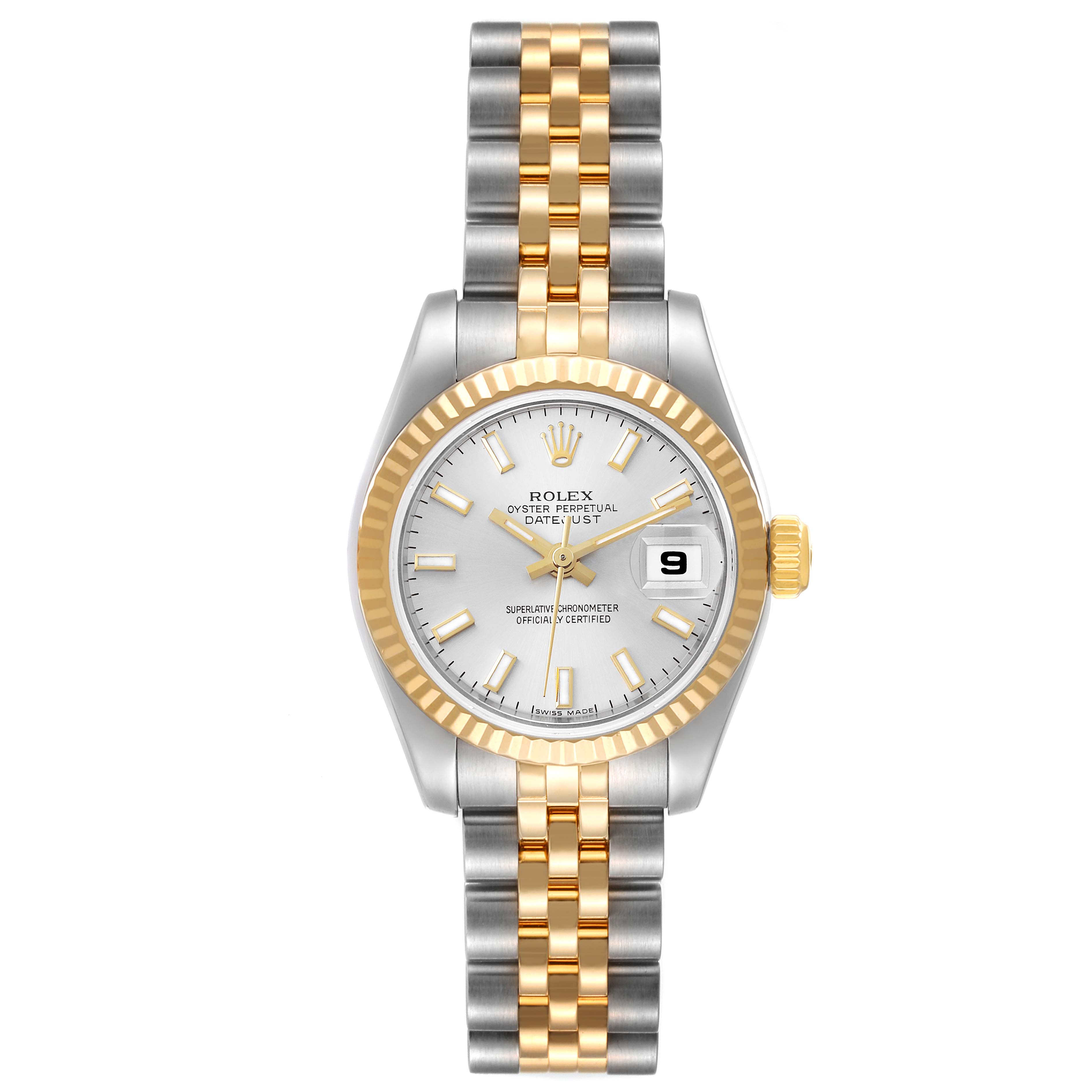 The image shows a front view of a Rolex Datejust 179173 Women's Steel and Gold (two tone) Silver Dial 179173 Women's Steel and Gold (two tone) Silver Dial watch, featuring its face, bezel, and two-tone bracelet.