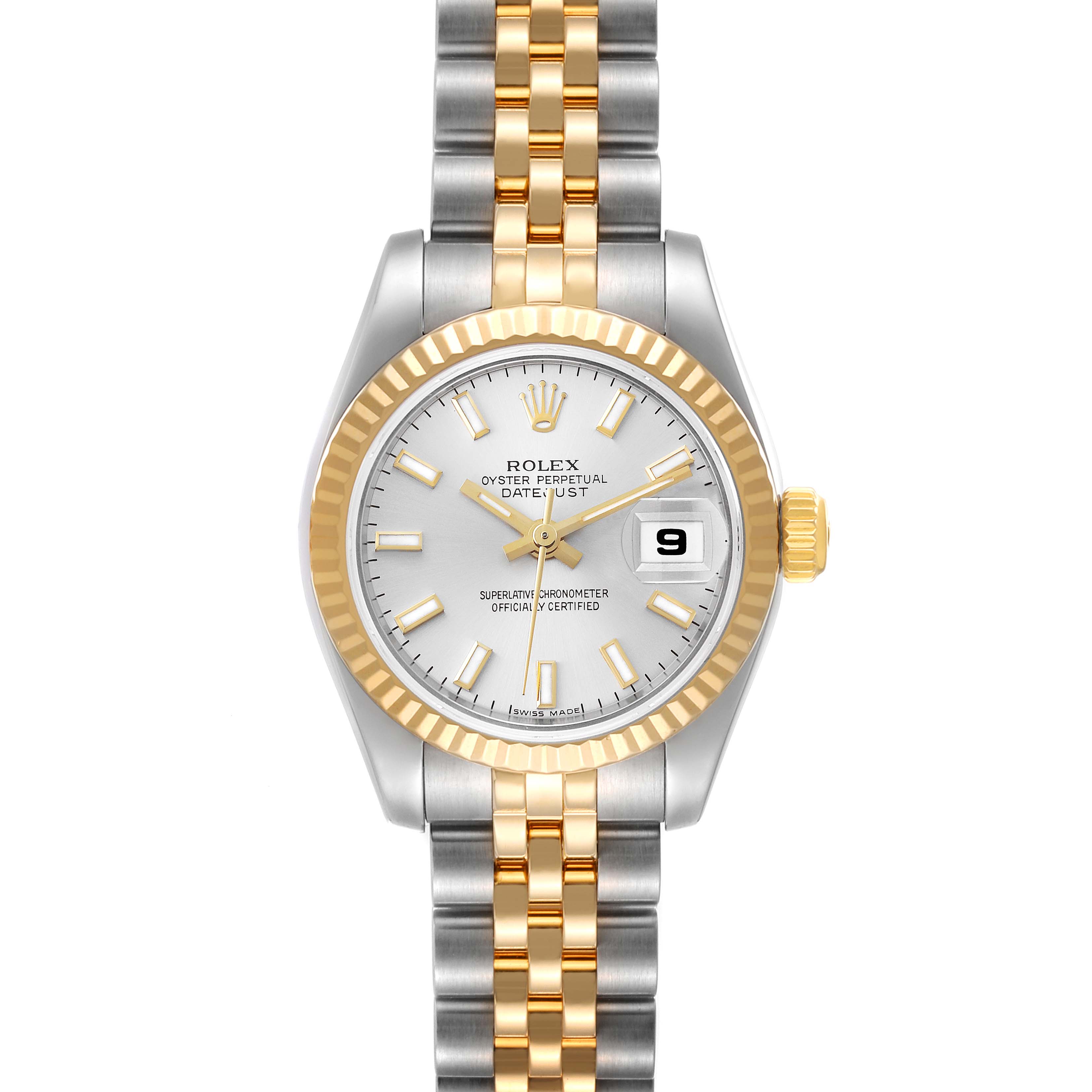 The image shows a front angle of a Rolex Datejust 179173 Women's Steel and Gold (two tone) Silver Dial 179173 Women's Steel and Gold (two tone) Silver Dial watch, highlighting its two-tone bracelet, bezel, and dial.