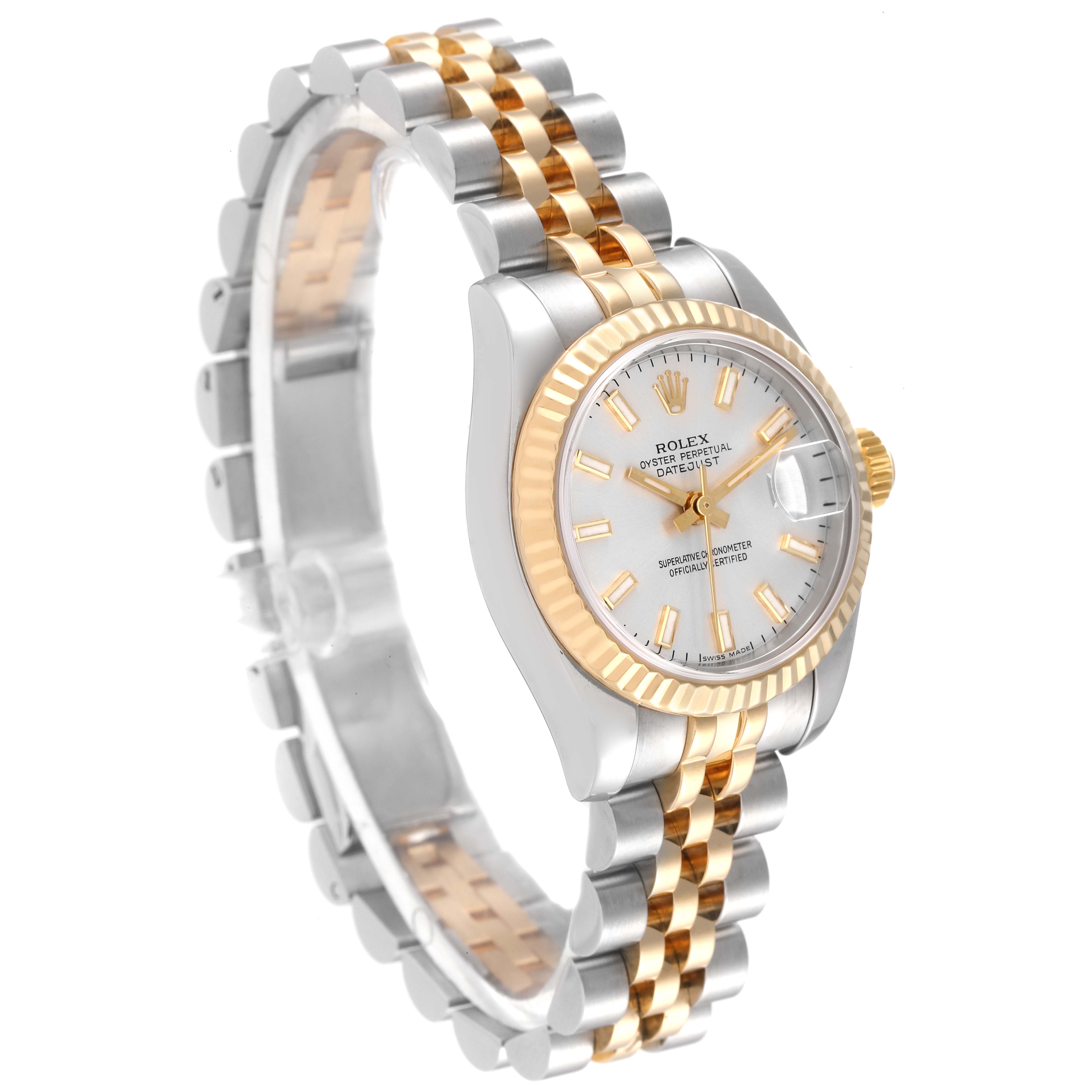 This Rolex Datejust 179173 Women's Steel and Gold (two tone) Silver Dial 179173 Women's Steel and Gold (two tone) Silver Dial watch is shown at an angled side view, highlighting the dial, bezel, and two-tone bracelet.
