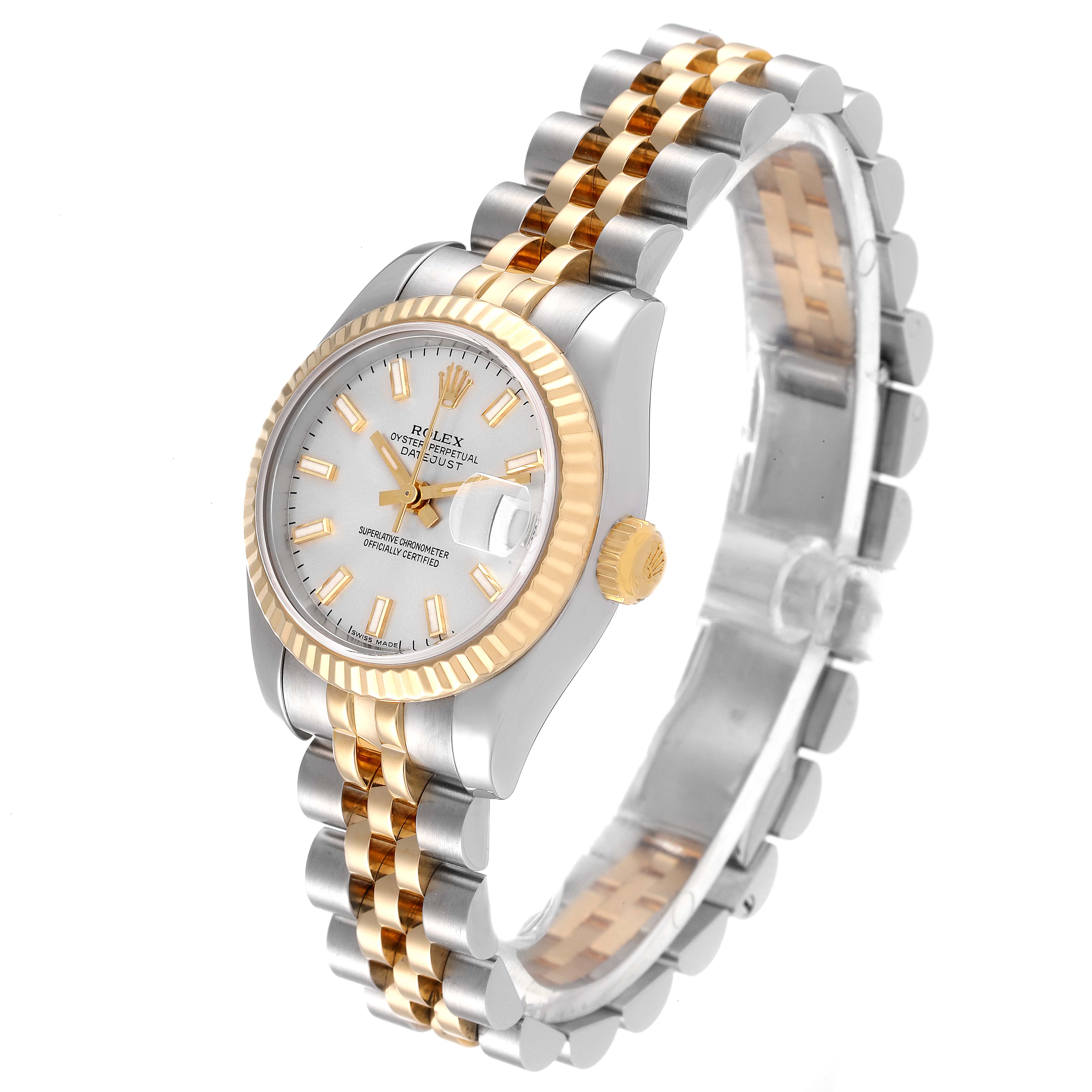 The image shows a Rolex Datejust 179173 Women's Steel and Gold (two tone) Silver Dial 179173 Women's Steel and Gold (two tone) Silver Dial watch at a three-quarter angle, highlighting its two-tone bracelet and face with a fluted bezel.
