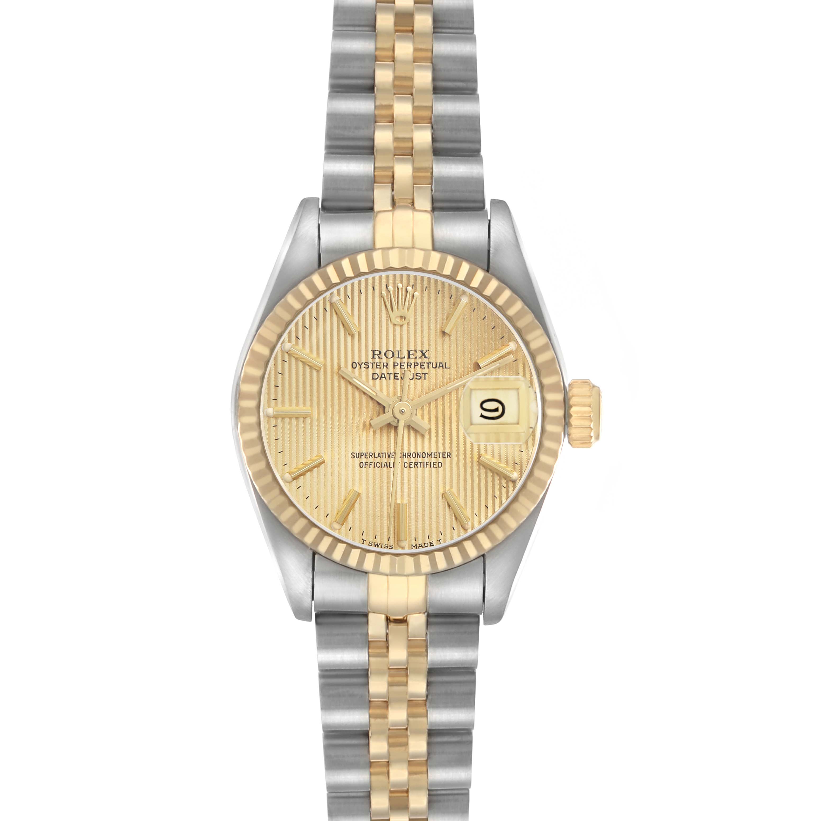 The Rolex Datejust 69173 Women's Steel and Gold (two tone) Champagne Dial watch is shown from a top view, featuring its two-tone bracelet, fluted bezel, and champagne dial with date display.
