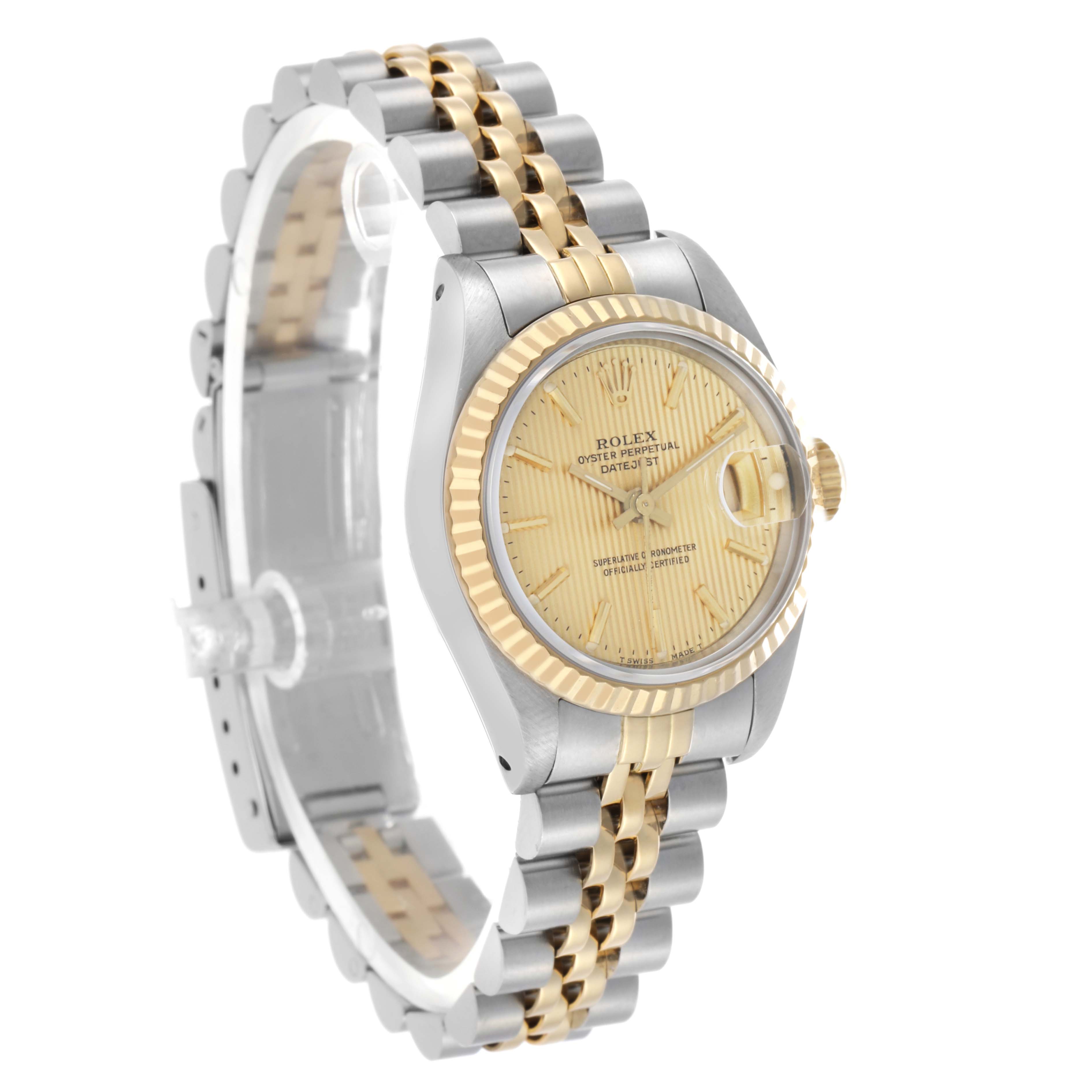 The Rolex Datejust 69173 Women's Steel and Gold (two tone) Champagne Dial watch is shown at a slight side angle highlighting the face, fluted bezel, and two-tone jubilee bracelet.