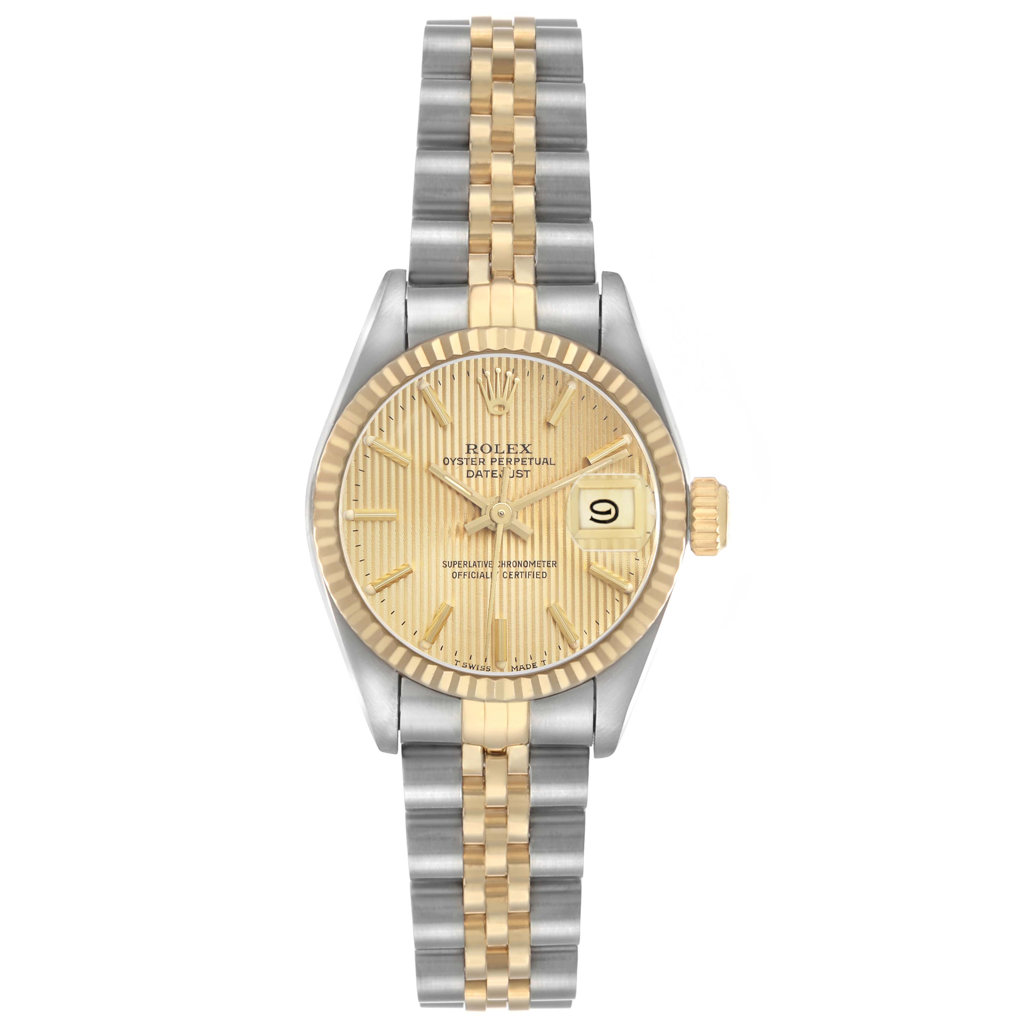 The image shows a Rolex Datejust 69173 Women's Steel and Gold (two tone) Champagne Dial watch from a top-down angle, highlighting the dial, bezel, and two-tone bracelet.