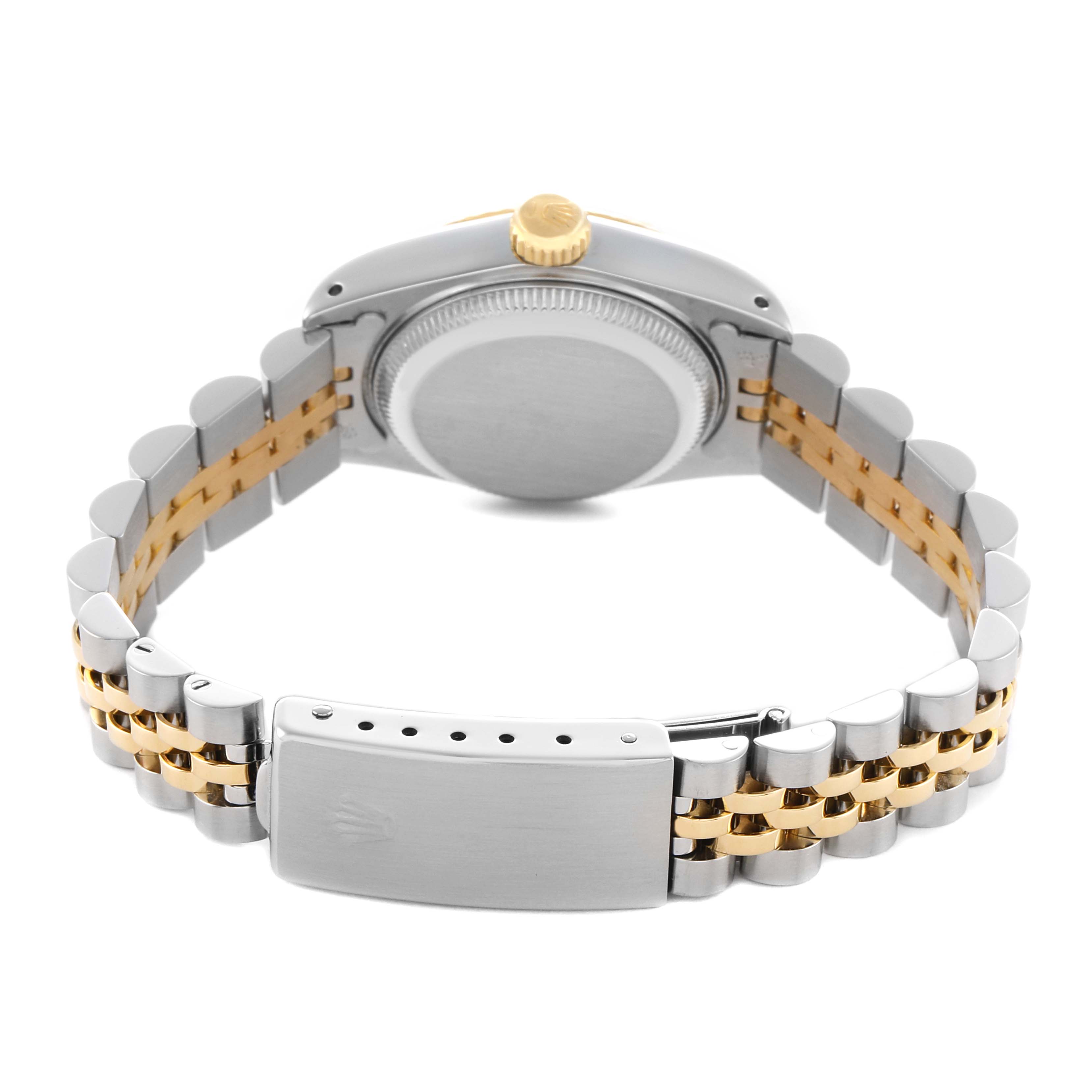 The image shows the back view of a Rolex Datejust 69173 Women's Steel and Gold (two tone) Champagne Dial watch, focusing on the clasp, bracelet, and case back.