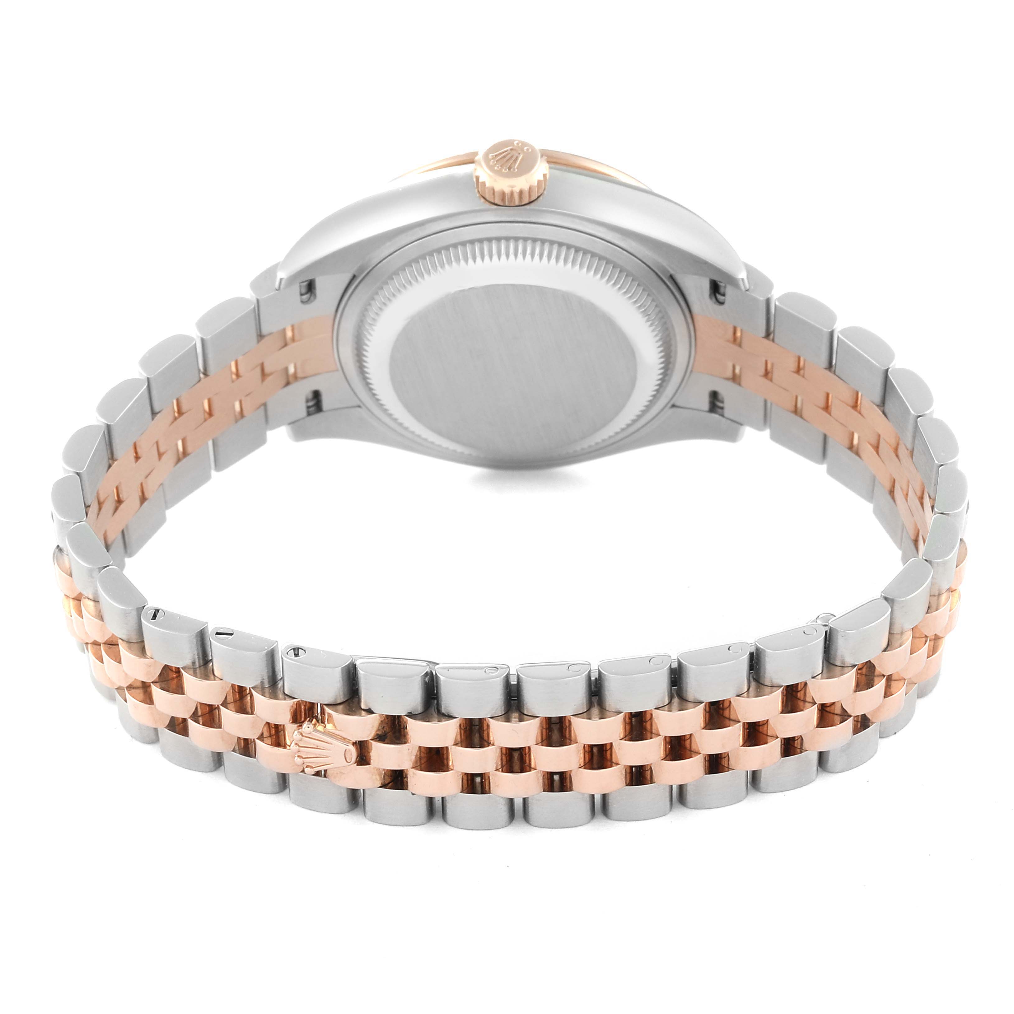 This image shows the back view of a Rolex Datejust 279381 Women's Steel and Gold (two tone) Brown Dial 279381 Women's Steel and Gold (two tone) Brown Dial watch, highlighting its case back and jubilee bracelet in two-tone metal.