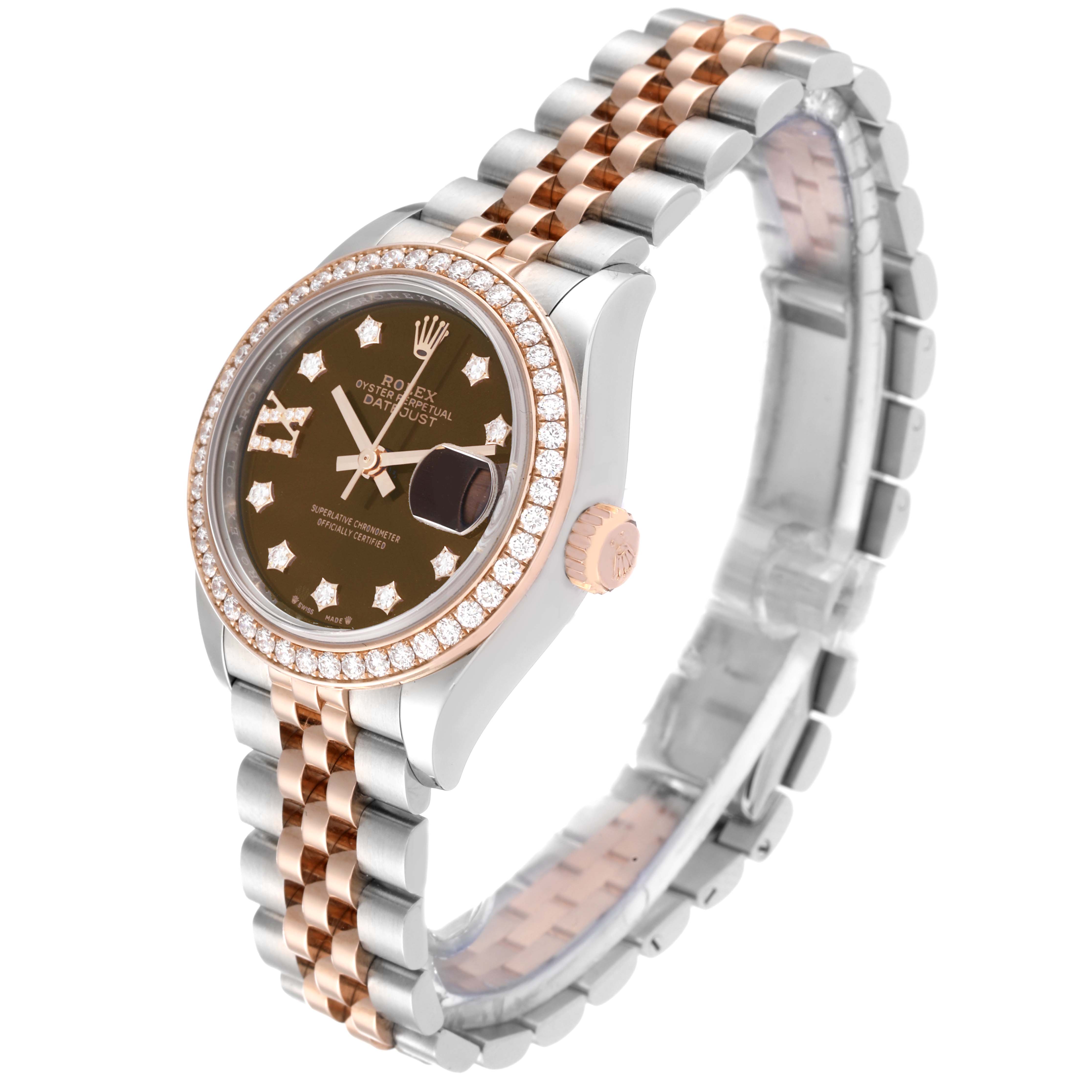 The image shows a Rolex Datejust 279381 Women's Steel and Gold (two tone) Brown Dial 279381 Women's Steel and Gold (two tone) Brown Dial watch at a three-quarter angle, highlighting the dial, crown, and two-tone bracelet.