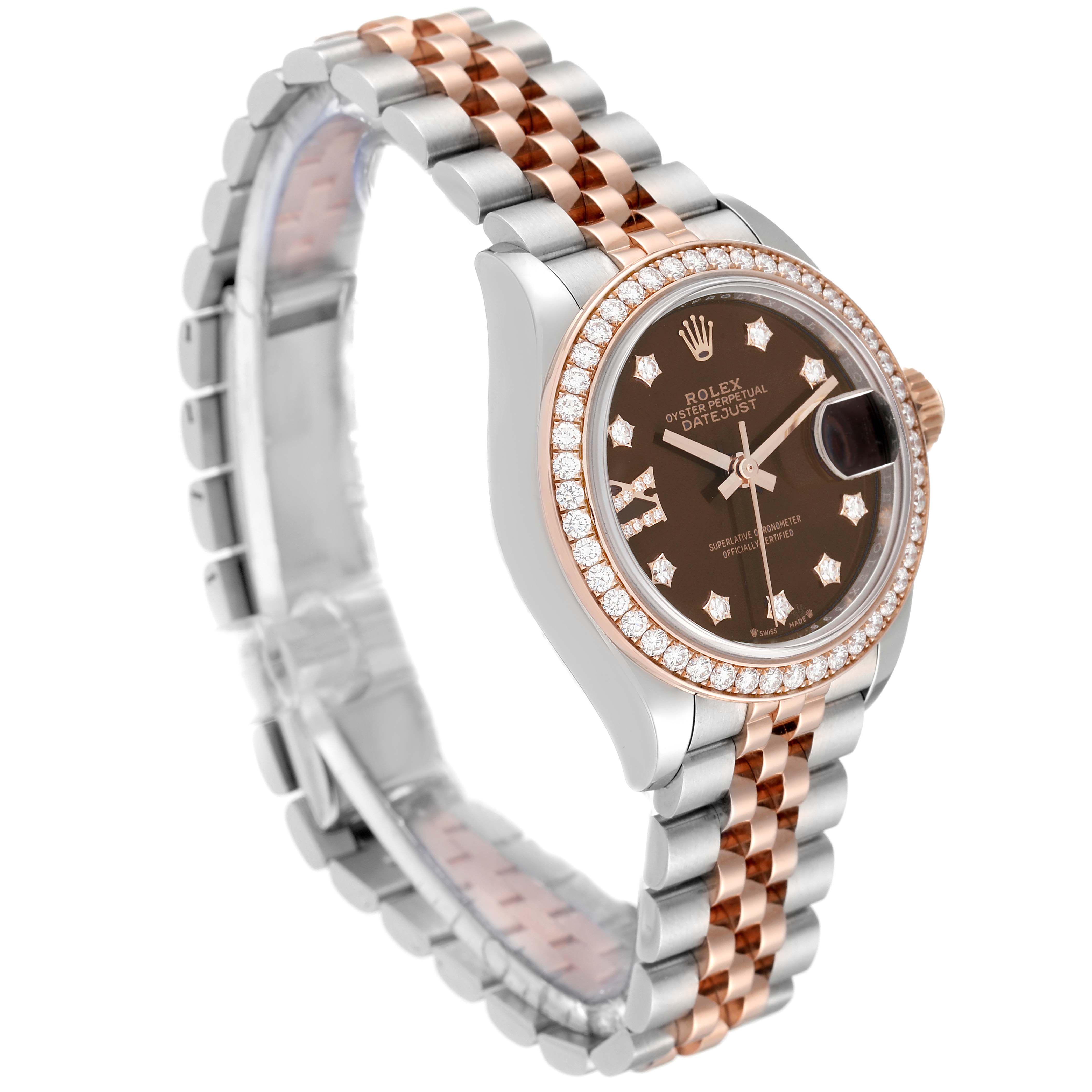 The image shows a Rolex Datejust 279381 Women's Steel and Gold (two tone) Brown Dial 279381 Women's Steel and Gold (two tone) Brown Dial watch at a three-quarter angle, highlighting the two-tone bracelet and diamond-studded bezel and dial.