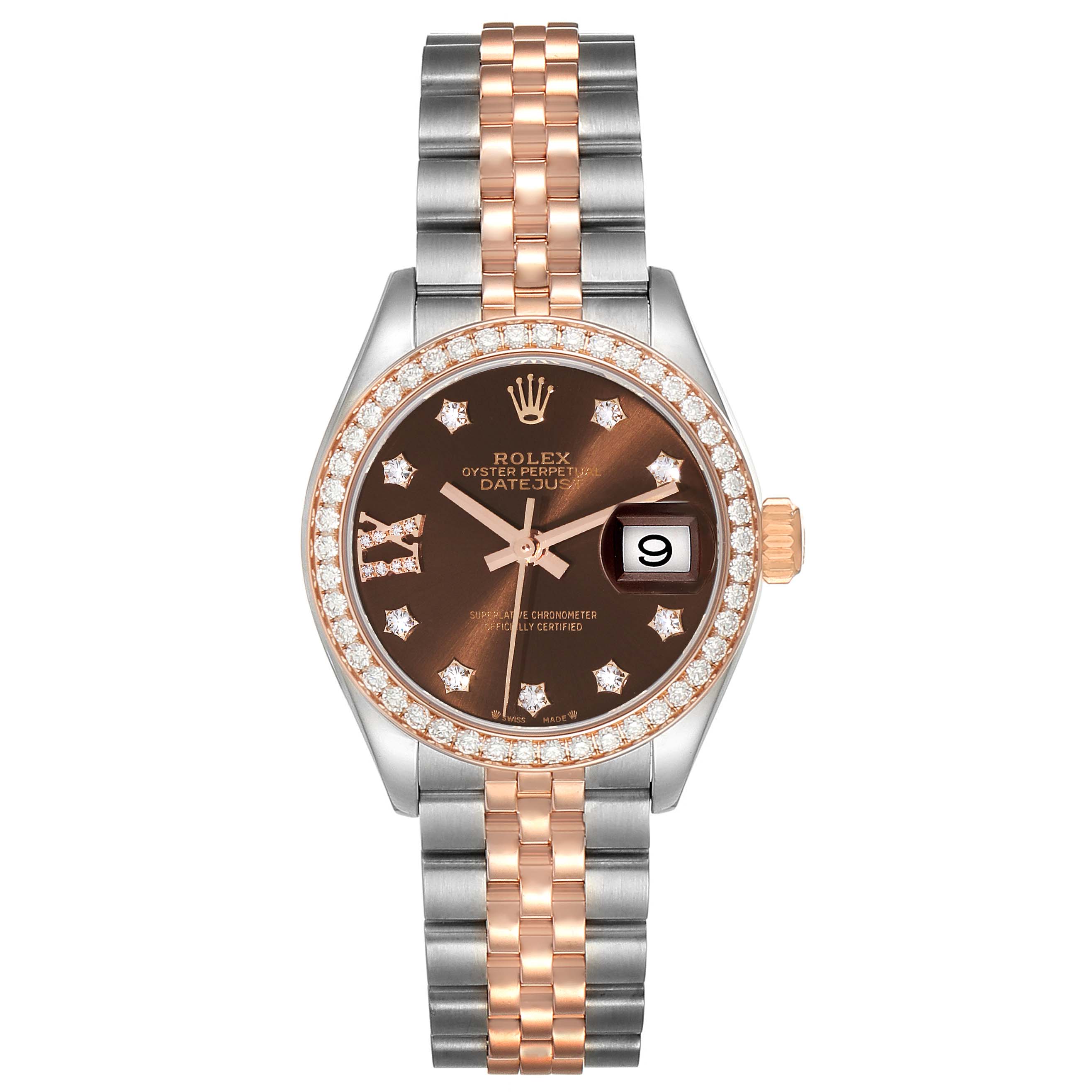 This image shows a Rolex Datejust 279381 Women's Steel and Gold (two tone) Brown Dial 279381 Women's Steel and Gold (two tone) Brown Dial watch taken from above, displaying its face, bezel, and Jubilee bracelet.