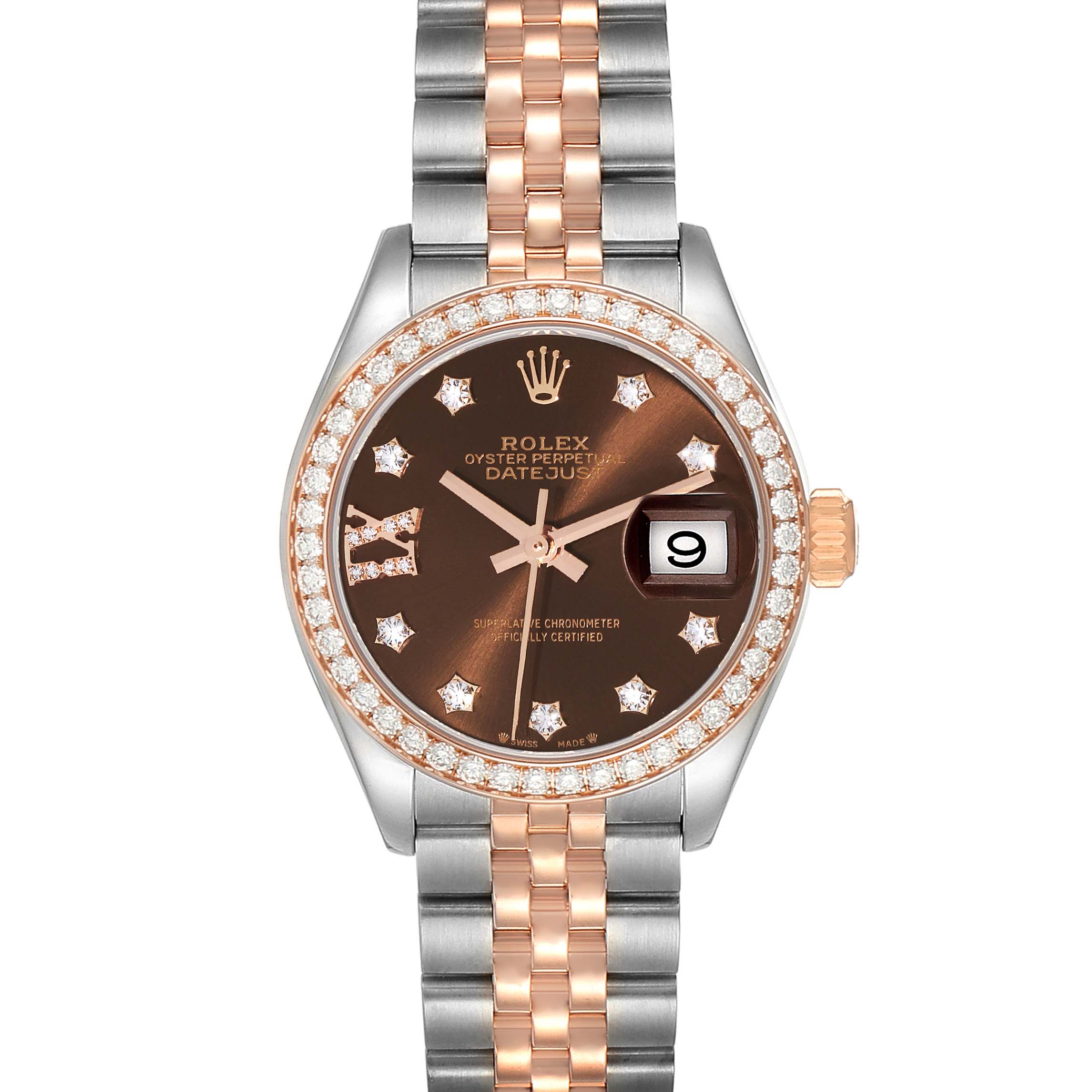 The image shows a Rolex Datejust 279381 Women's Steel and Gold (two tone) Brown Dial 279381 Women's Steel and Gold (two tone) Brown Dial watch from a front angle, highlighting its dial, bezel, and jubilee bracelet.